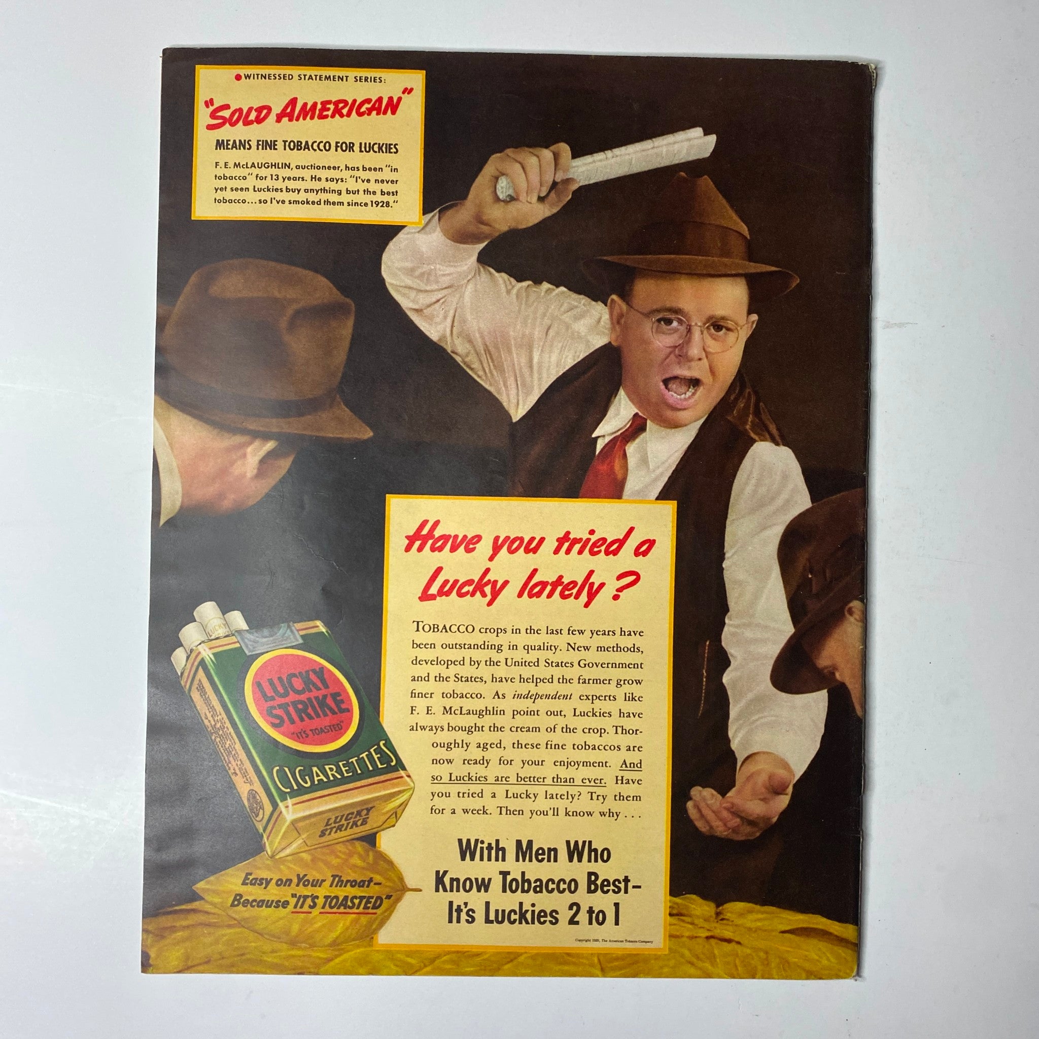 Image from Look Magazine, April 25, 1939 showcasing a colorful tobacco advertisement for Lucky Strike cigarettes, titled 'Have you tried a Lucky lately?' emphasizing the quality of their tobacco with a humorous depiction of men in suits.