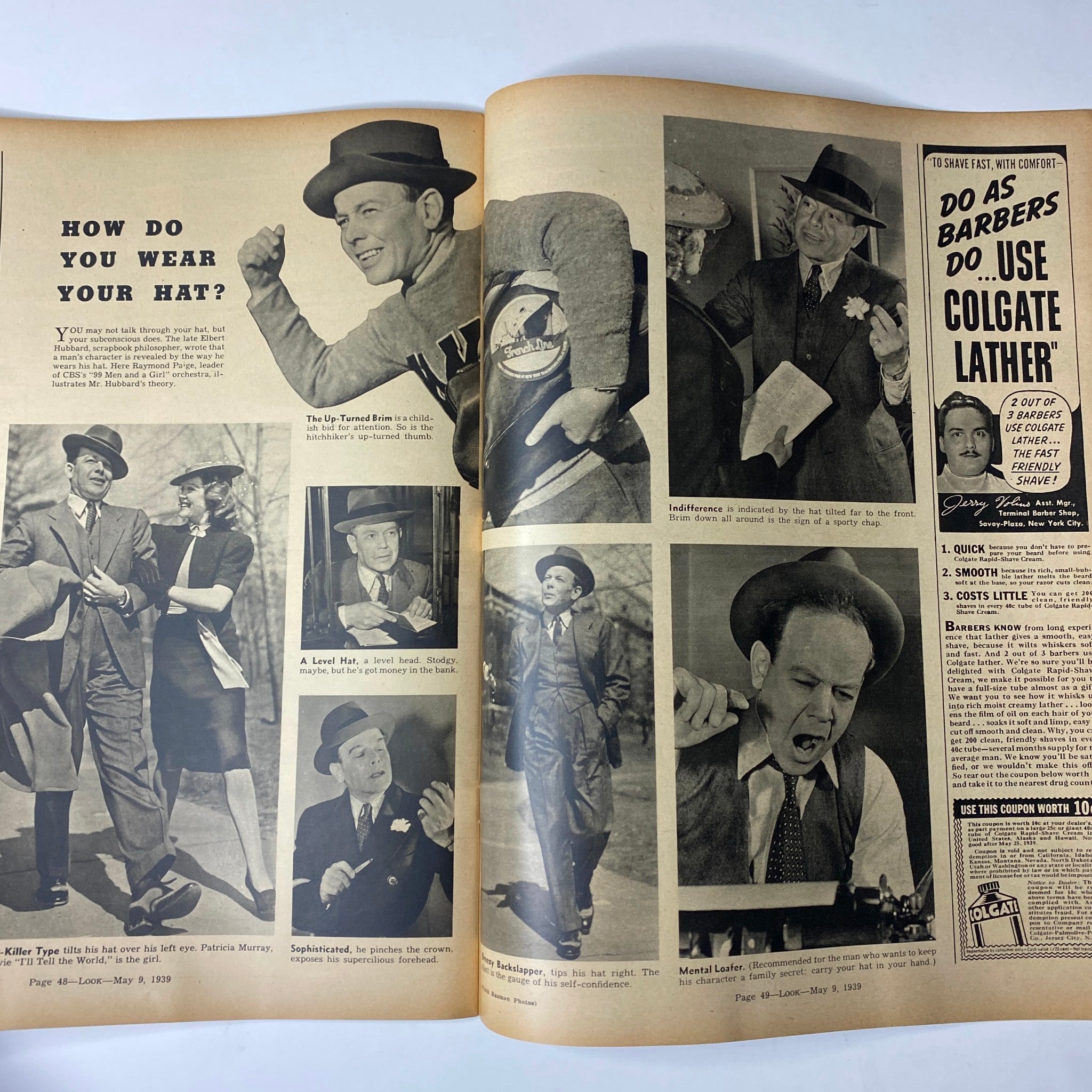 Look Magazine May 9, 1939 Eleanor Holm Cover No Label VG, displaying a humorous hat fashion feature with various models and actors demonstrating different styles.