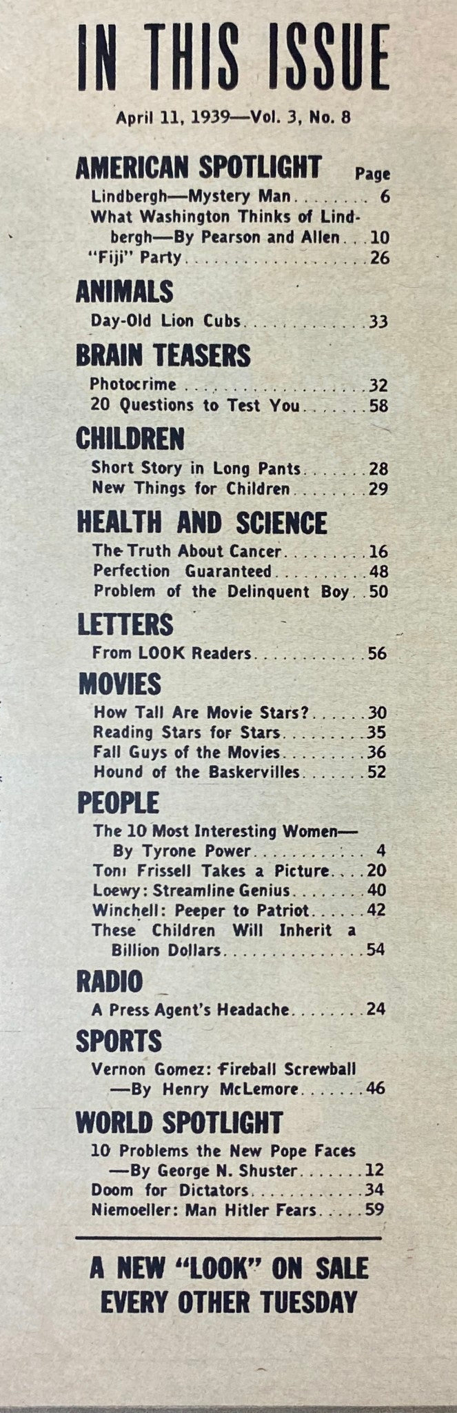 Look Magazine April 11, 1939 Charles Lindbergh Cover No Label VG