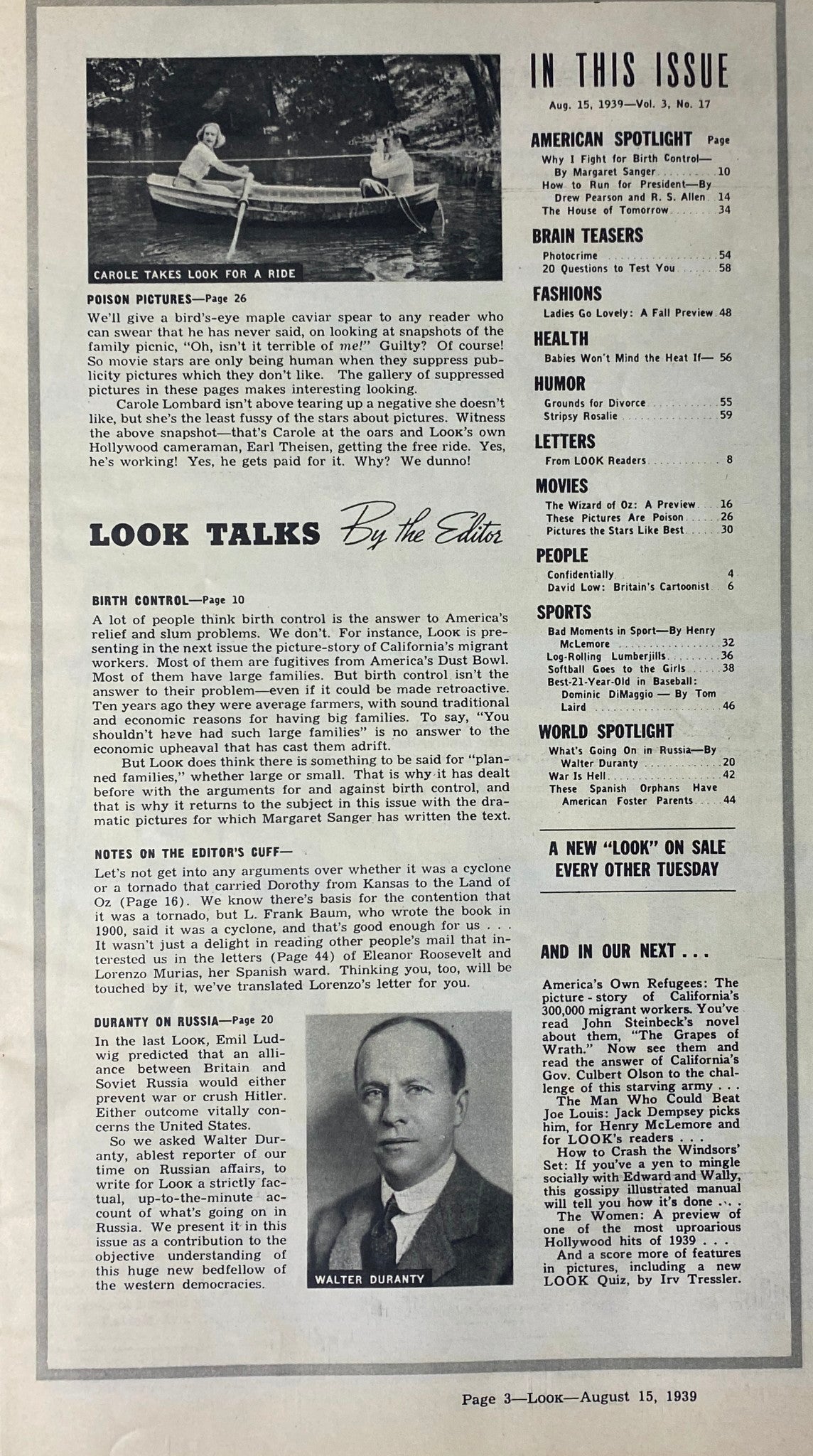 Inside page of Look Magazine August 15, 1939 detailing contents including articles by Margaret Sanger and Walter Duranty, providing insights into social issues and American life.