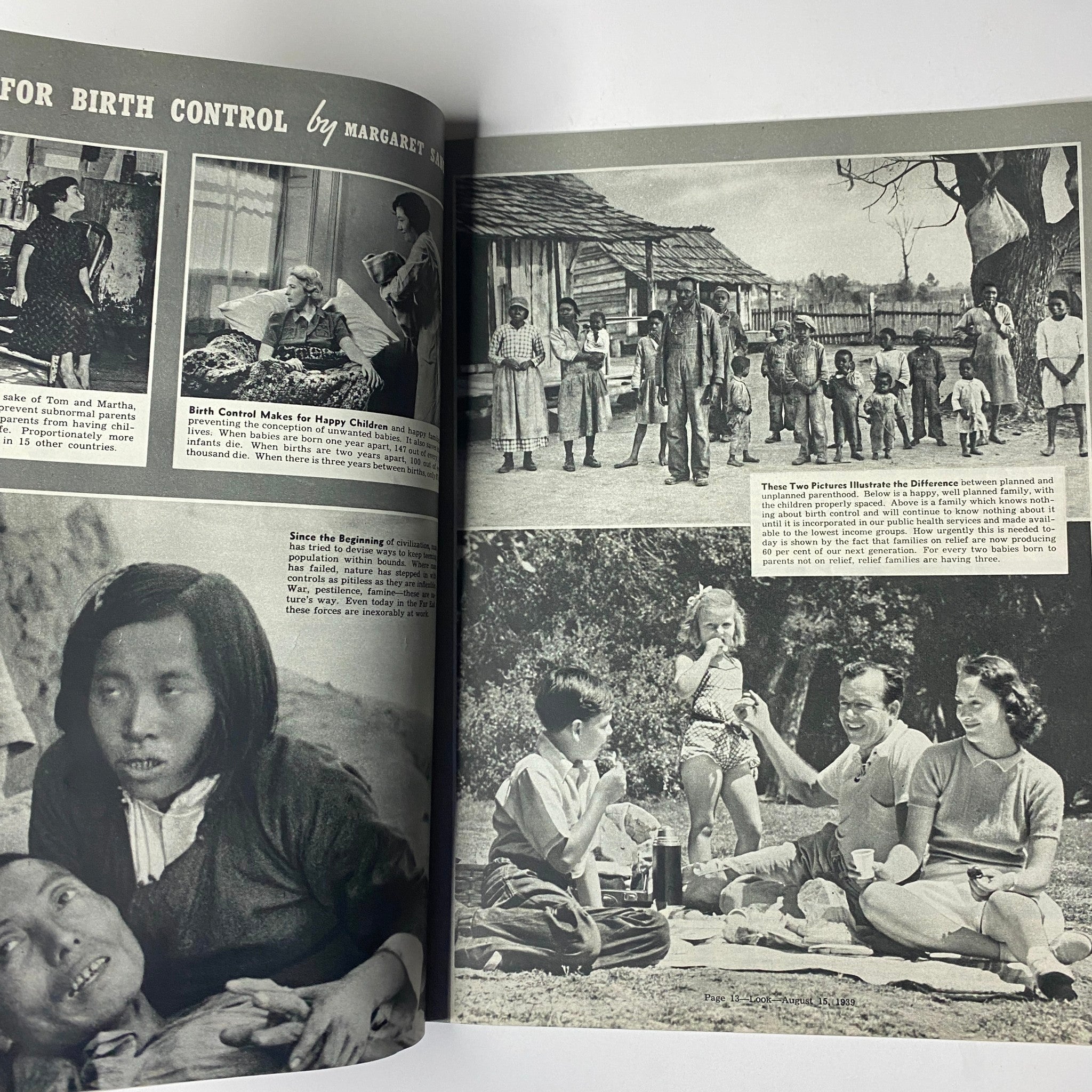 Feature article spread from Look Magazine August 15, 1939 titled 'Why Birth Control?' by Margaret Sanger, illustrating historical perspectives on birth control with impactful photographs.