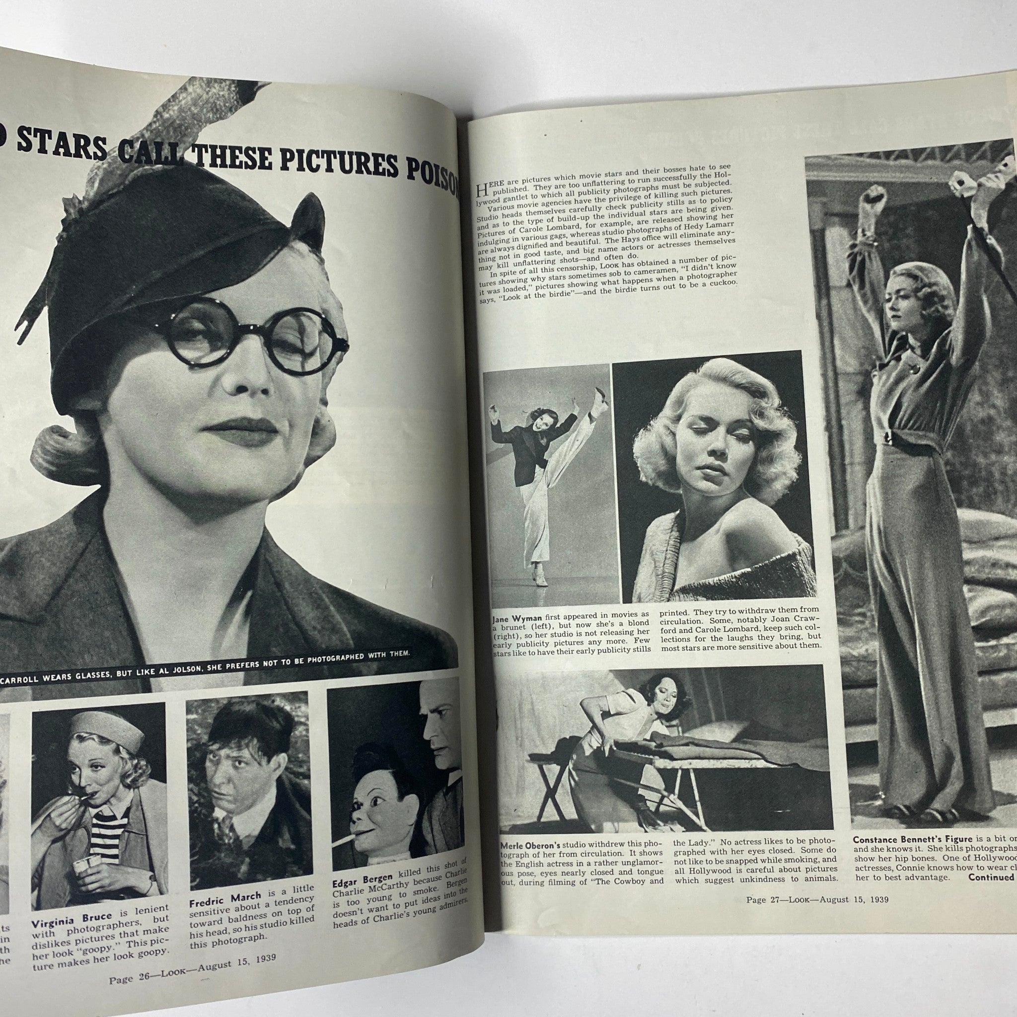 Look Magazine August 15, 1939 featuring a spread showcasing glamorous Hollywood stars with images of Virginia Bruce, Fredric March, Edgar Bergen, and others, highlighting their fashion and performances.