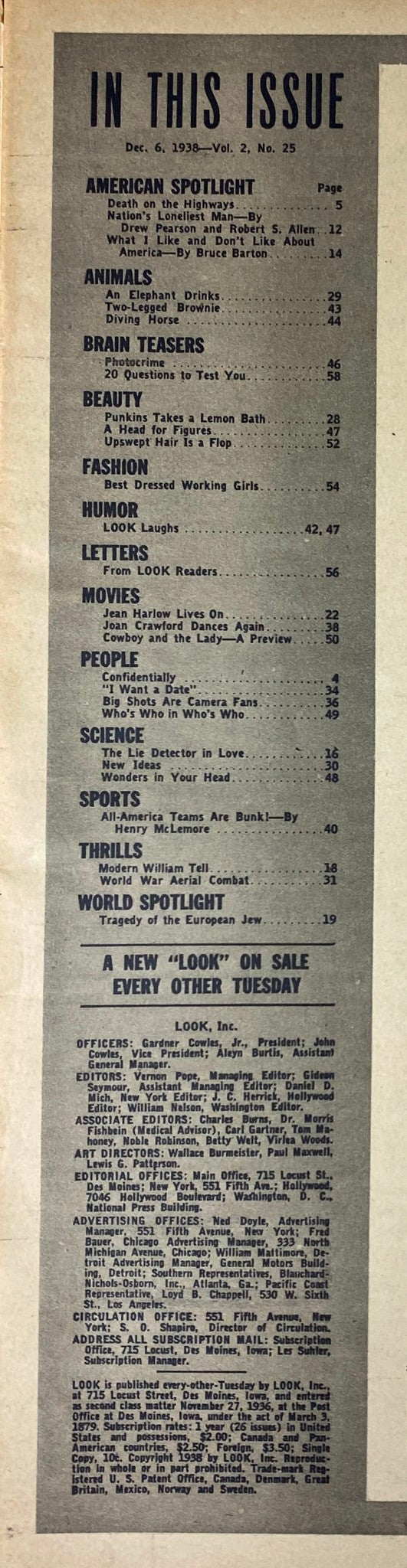 Table of contents from Look Magazine December 6, 1938, detailing featured articles including 'Animals,' 'Fashion,' and 'The Tragedy of the Jew.'