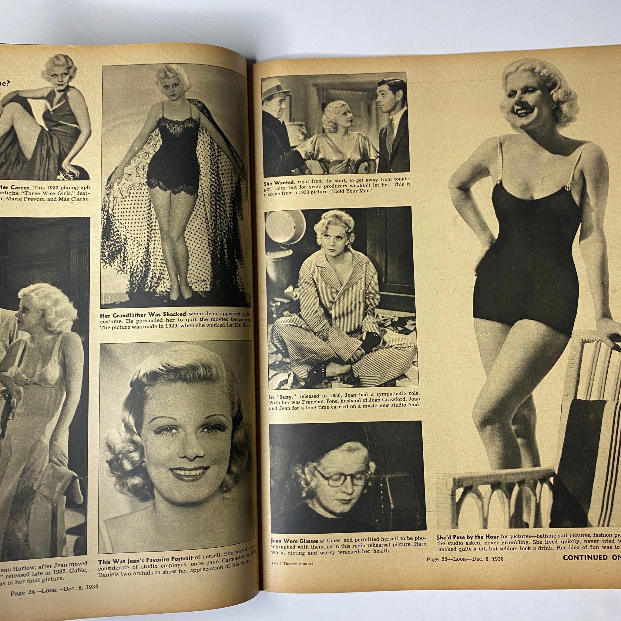 Fashion spread from Look Magazine December 6, 1938 showcasing vintage swimwear styles and iconic beauty trends of the era.