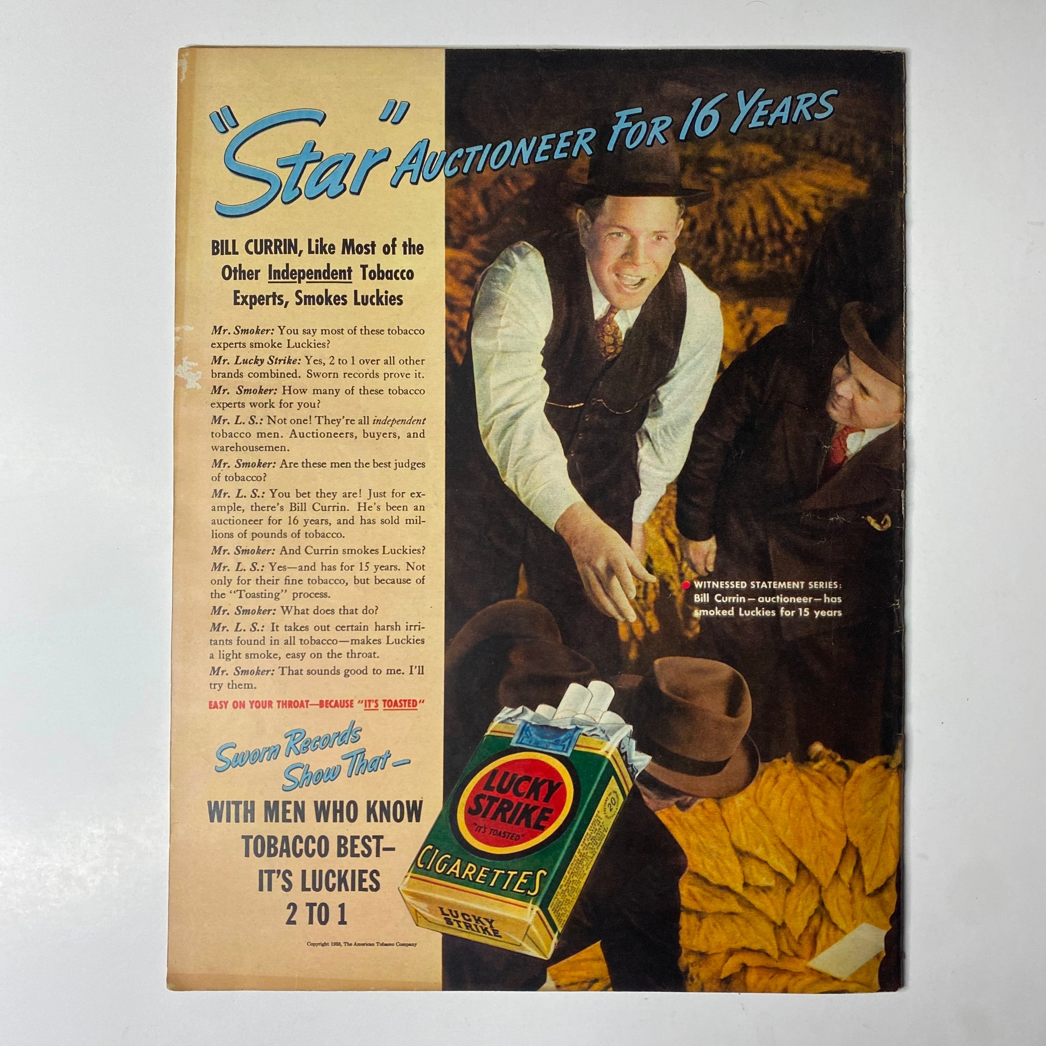 Vintage advertisement for Lucky Strike cigarettes featuring a man in a suit and hat showcasing tobacco leaves. The ad is designating Lucky Strike as the preferred choice for tobacco experts, with the tagline 'Star Auctioneer for 16 Years'. The image relates to the historic title 'Look Magazine December 6, 1938 Franklin D. Roosevelt Cover No Label'.