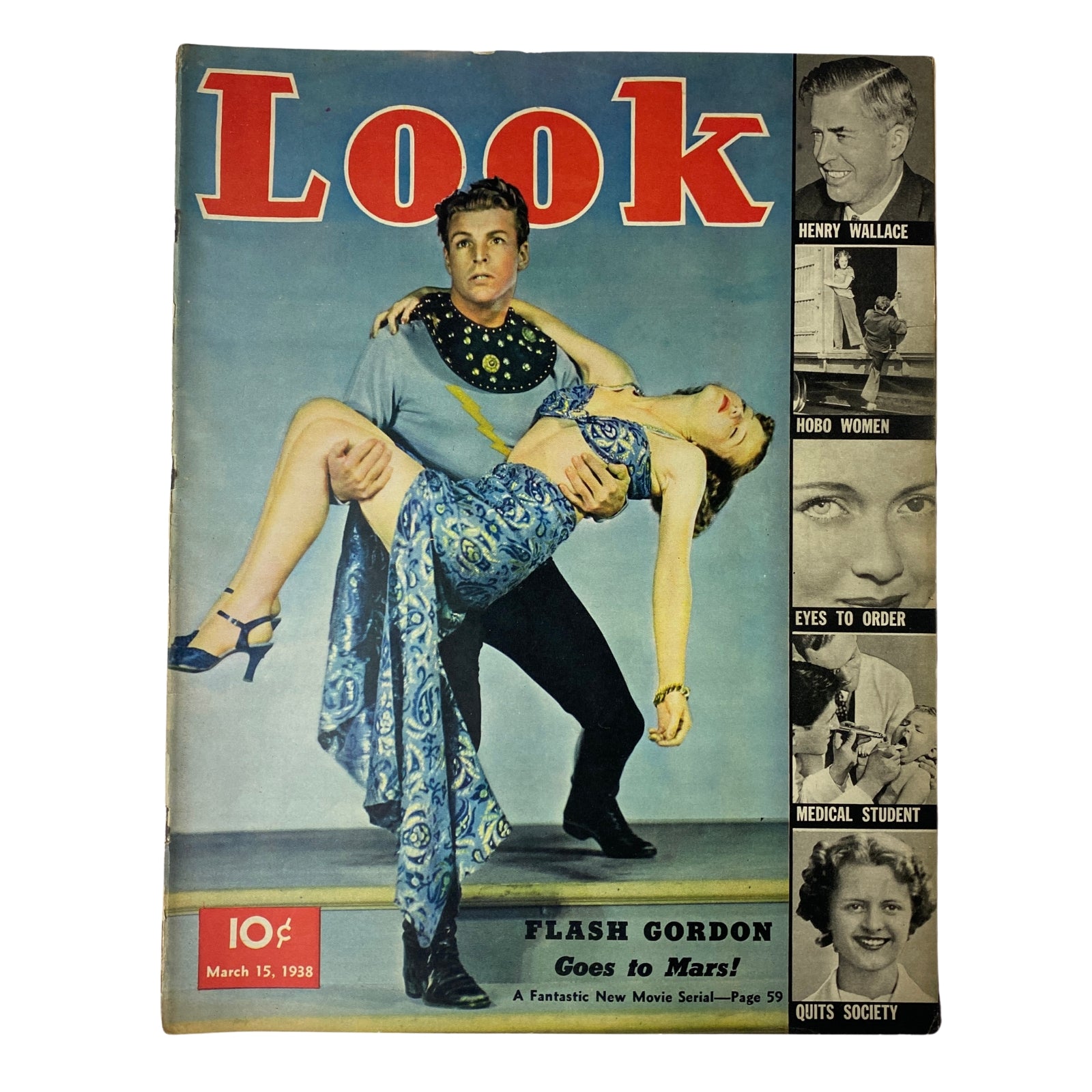 Cover of Look Magazine, March 15, 1938, featuring Flash Gordon Goes to Mars, showcasing a dramatic image with a man holding a woman, emphasizing the theme of the iconic space opera.