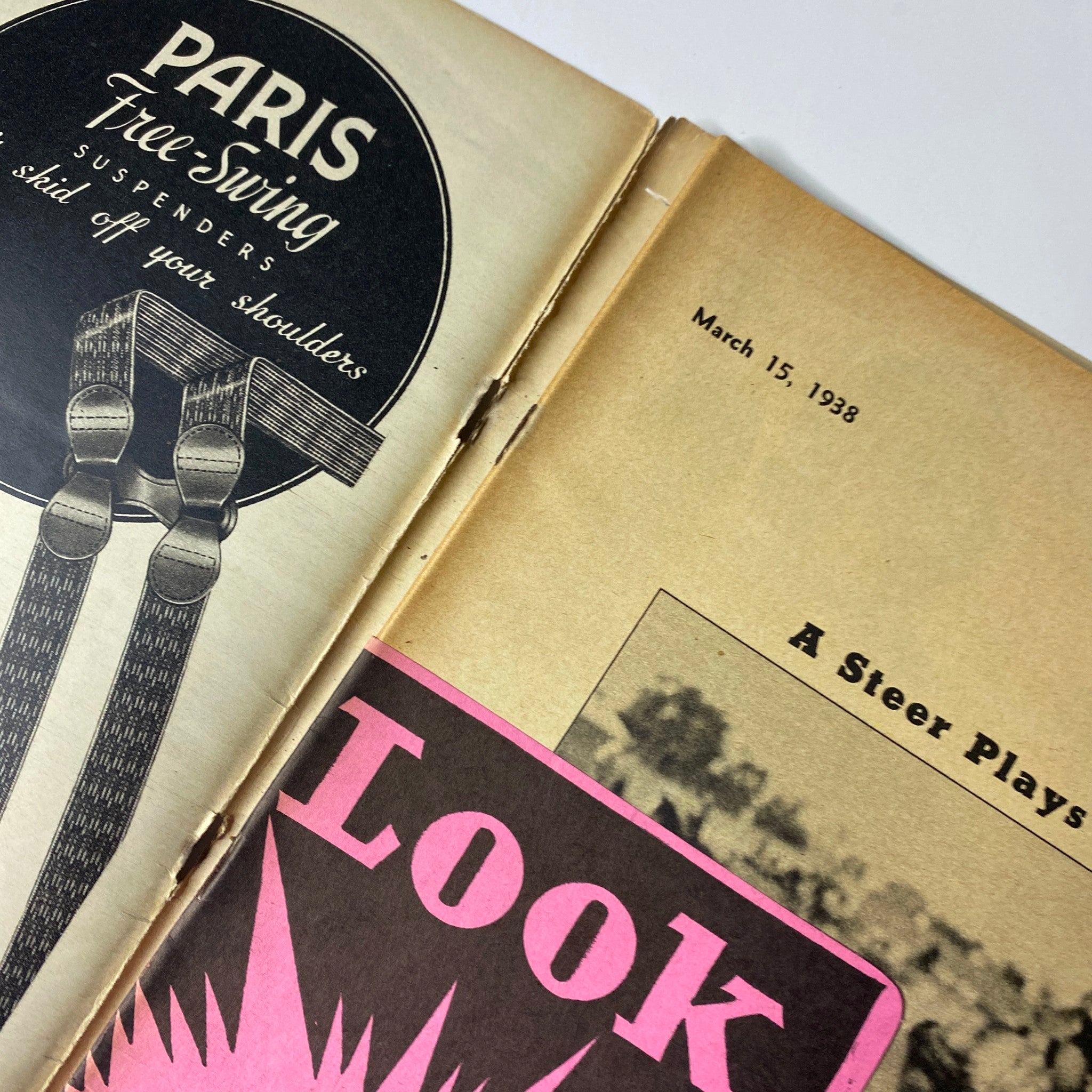 Interior page of Look Magazine, March 15, 1938, displaying an advertising page with Paris Free-Swing Suspenders and an introduction to the magazine's content with the date visible.