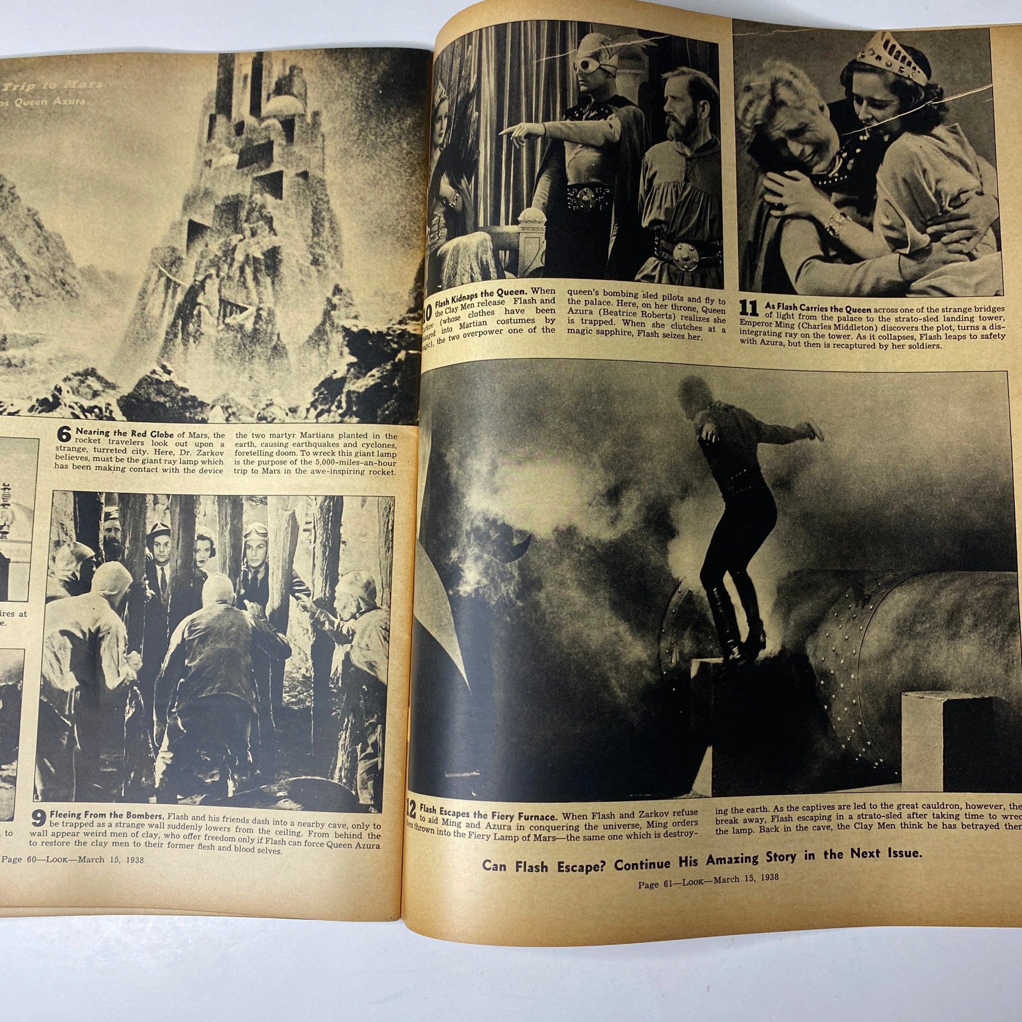 Interior page of Look Magazine, March 15, 1938, showcasing continuation of Flash Gordon's adventures with a dramatic scene from the serial, highlighting cinema effects of the era.