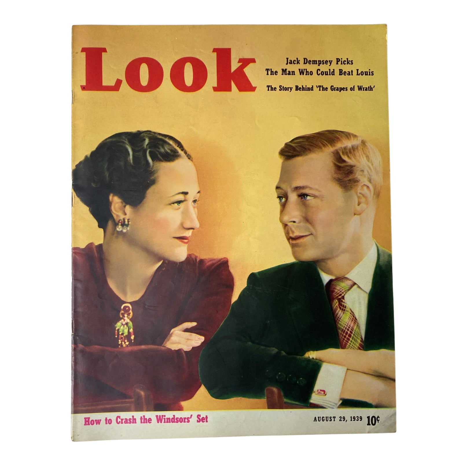 Look Magazine cover from August 29, 1939 featuring The Duke and Duchess of Windsor, highlighting articles including 'How to Crash the Windsor’s Set' and a piece on Jack Dempsey.