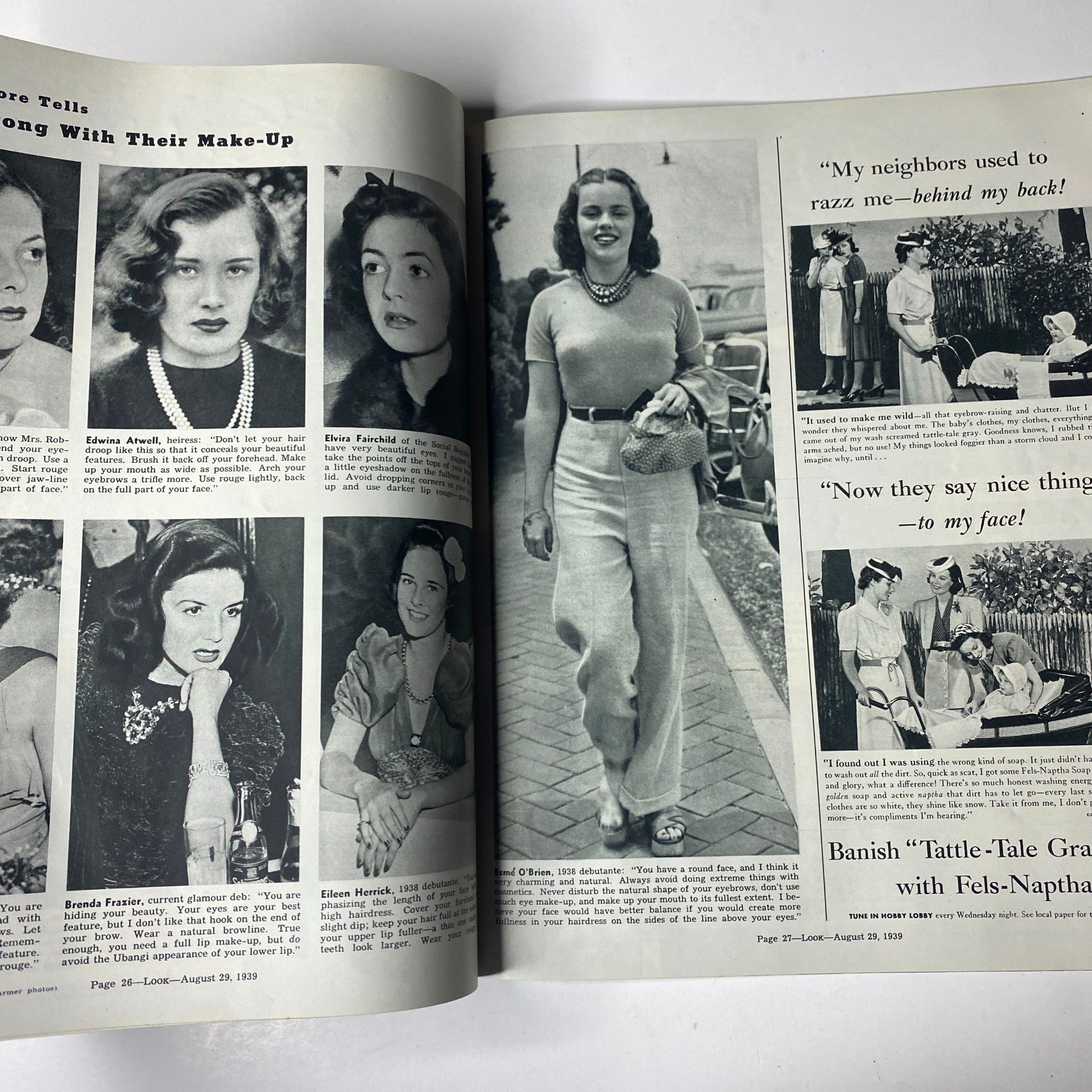 Spread from Look Magazine dated August 29, 1939 showcasing fashion features alongside celebrities, including makeup tips and style advice.