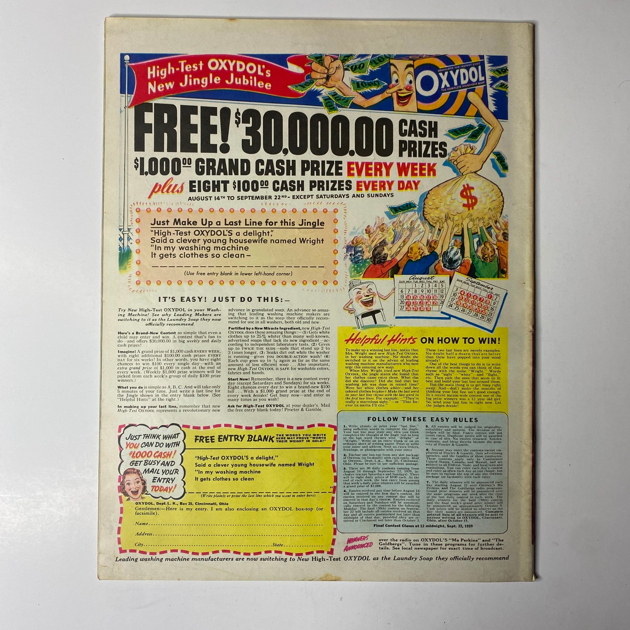 Back cover of Look Magazine from August 29, 1939 featuring an advertisement for Oxydol's cash prize contest and other promotional content.