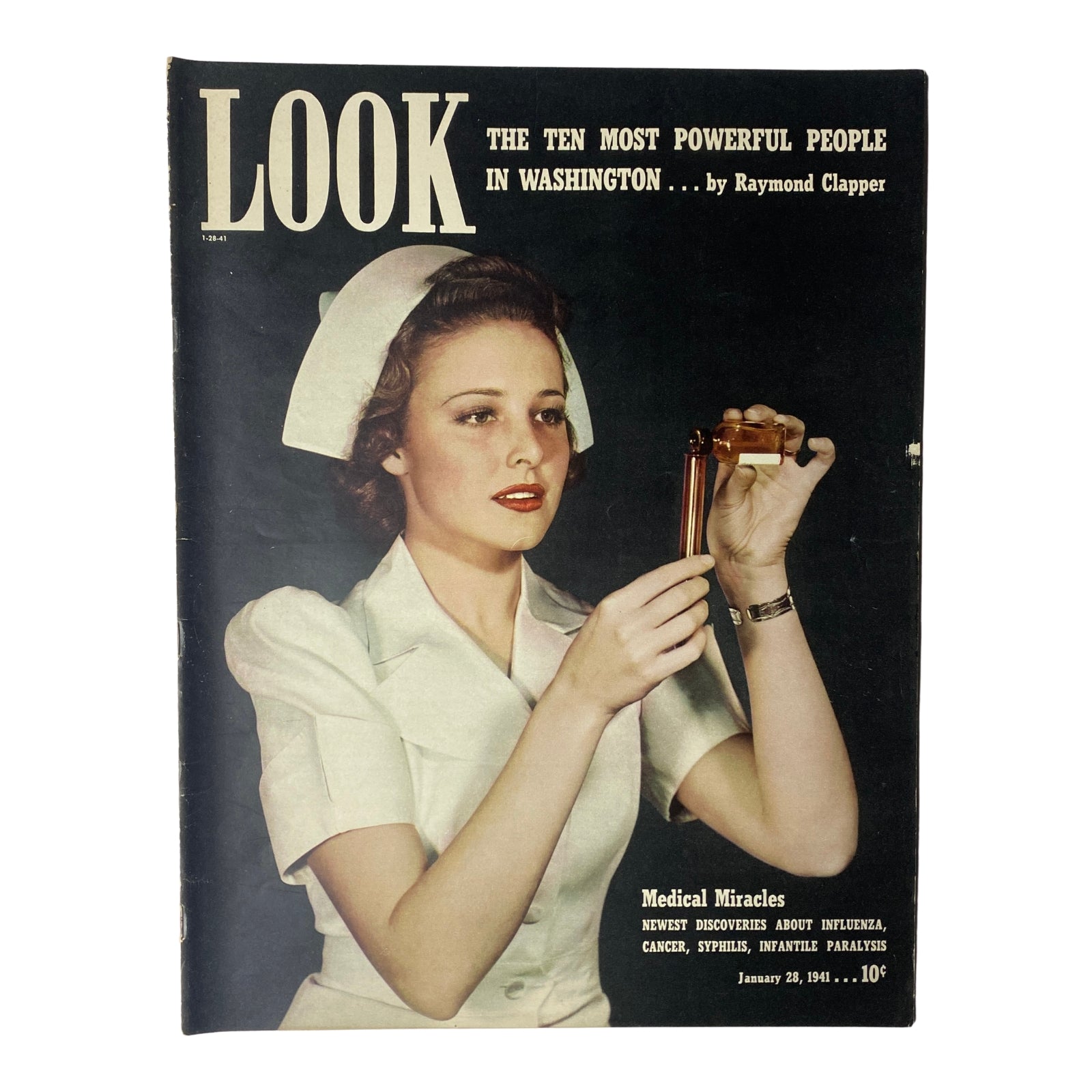Look Magazine January 28, 1941 featuring M-G-M’s Laraine Day on the cover. The cover showcases Laraine Day in a nurse uniform holding a test tube, reflecting the medical themes explored in this issue.