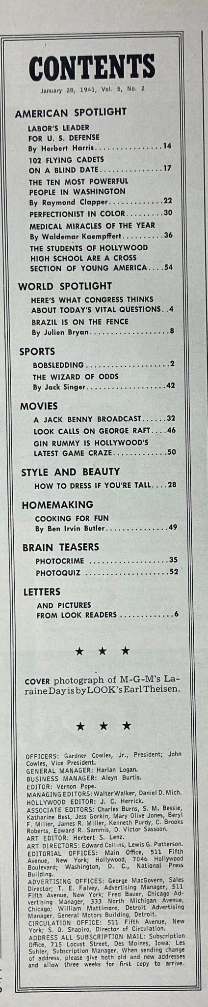 Contents page from Look Magazine January 28, 1941, Volume 5, Number 2. This page details featured articles including 'The Ten Most Powerful People in Washington' and various cultural topics.