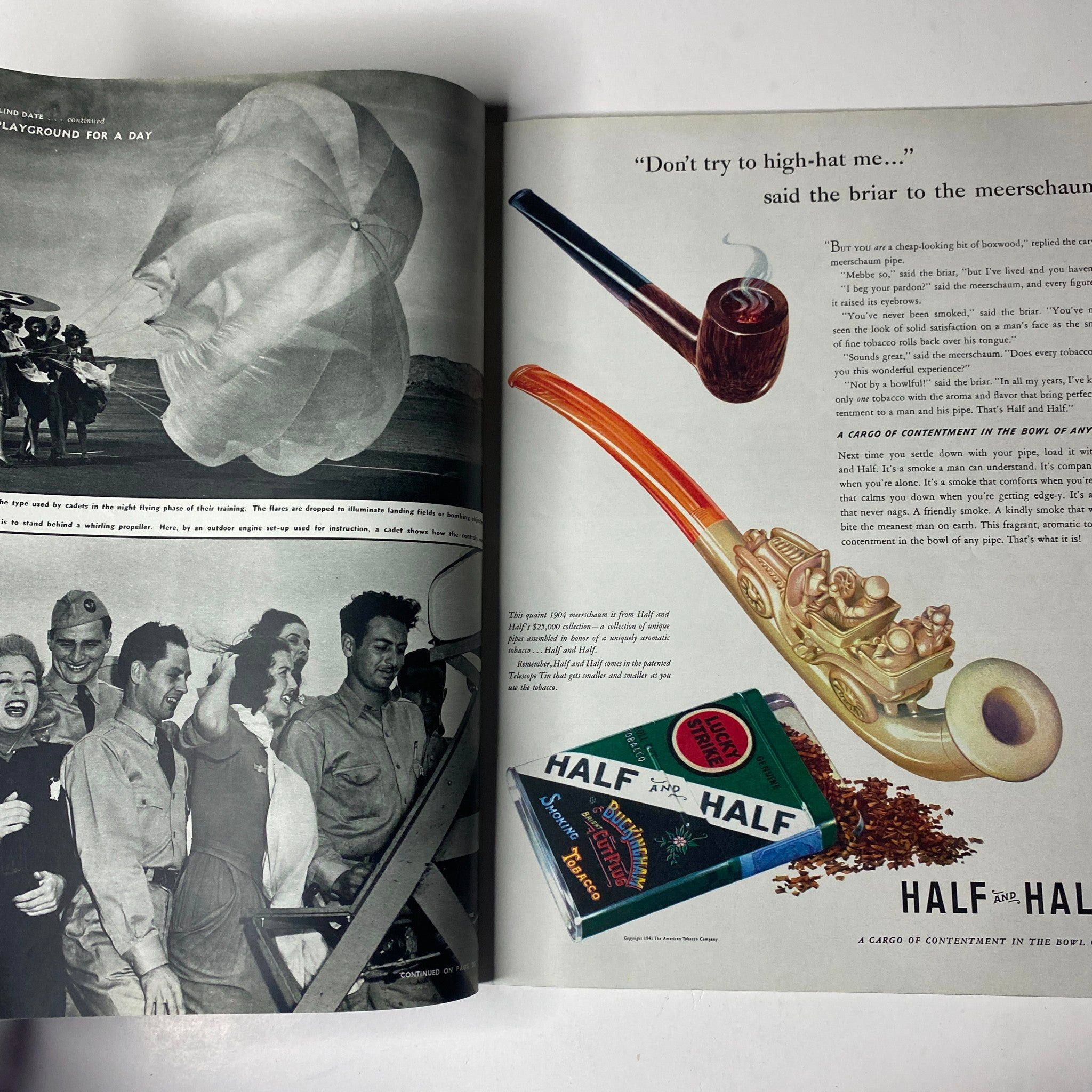 An advertisement spread from Look Magazine January 28, 1941, showcasing a humorous dialogue between animated characters, tying into the theme of playful consumerism in that era.