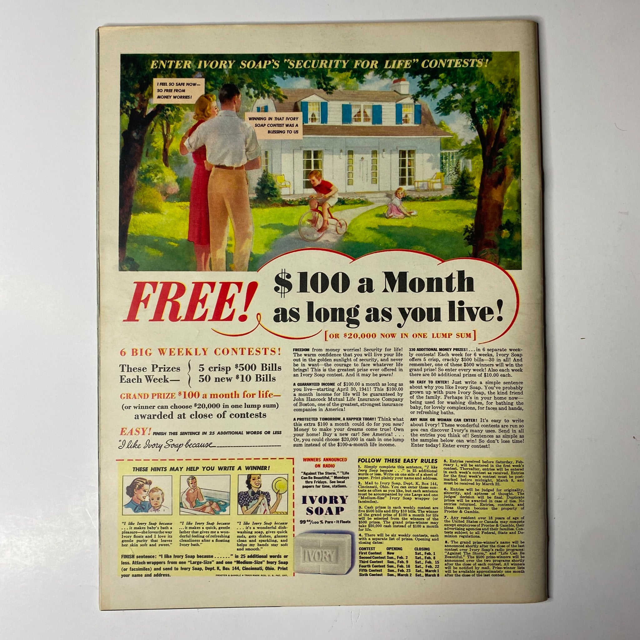 Promotional advertisement from Look Magazine January 28, 1941 for Ivory Soap's 'Security for Life' contest, featuring a family in a picturesque home setting, illustrating mid-century American values.
