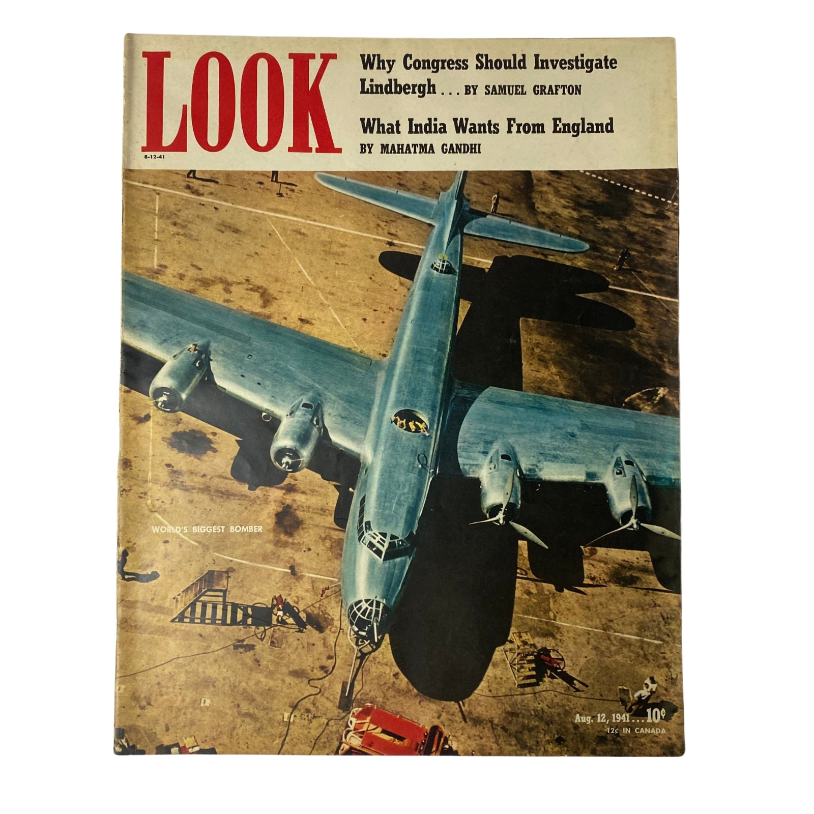 Cover of Look Magazine August 12, 1941 featuring the Douglas B-19 military bomber, with articles including 'Why Congress Should Investigate Lindbergh' by Samuel Grafton and 'What India Wants From England' by Mahatma Gandhi.