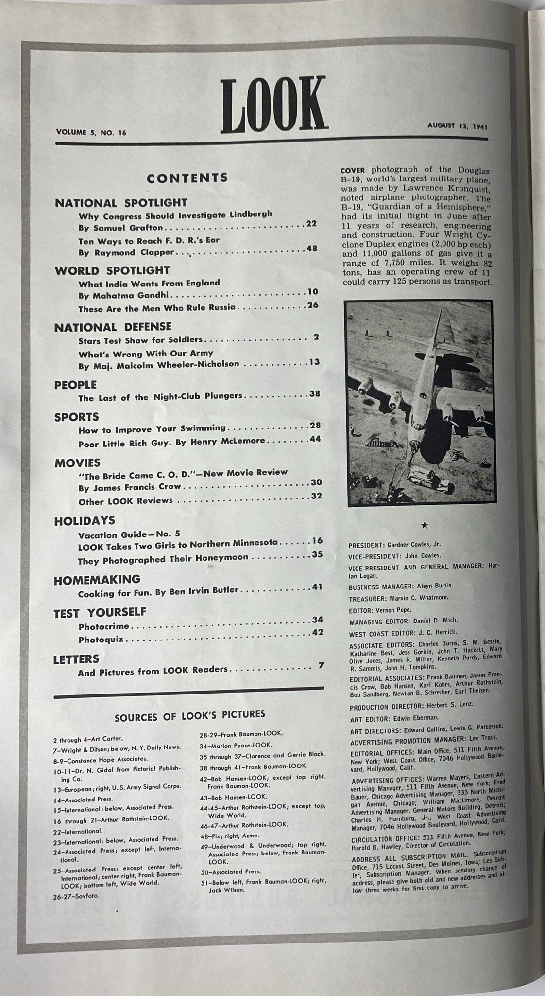 Table of contents from Look Magazine August 12, 1941, showcasing the features including National Spotlight and World Spotlight.