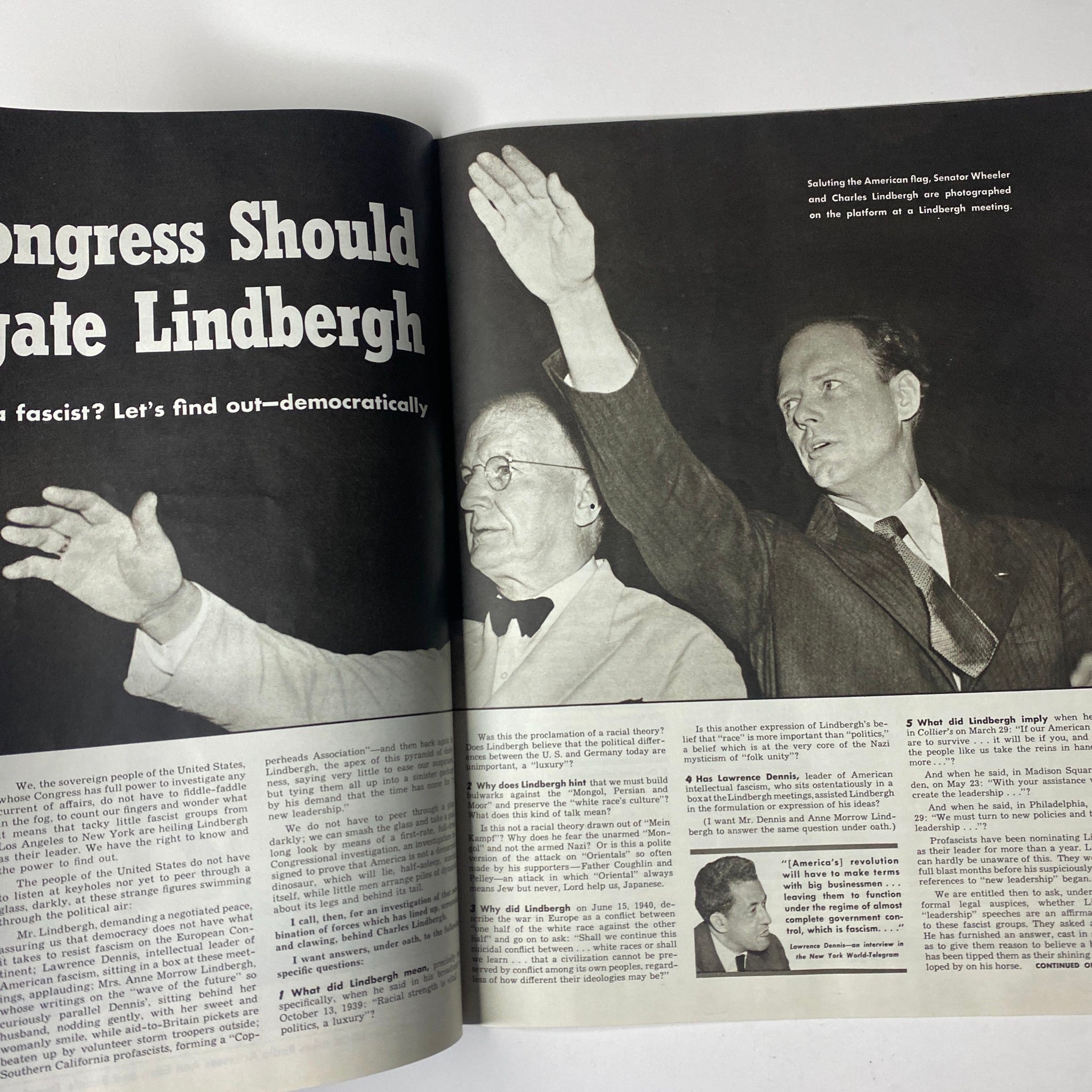 Article spread titled 'Why Congress Should Investigate Lindbergh' featuring images of prominent figures discussing political themes from Look Magazine August 12, 1941.