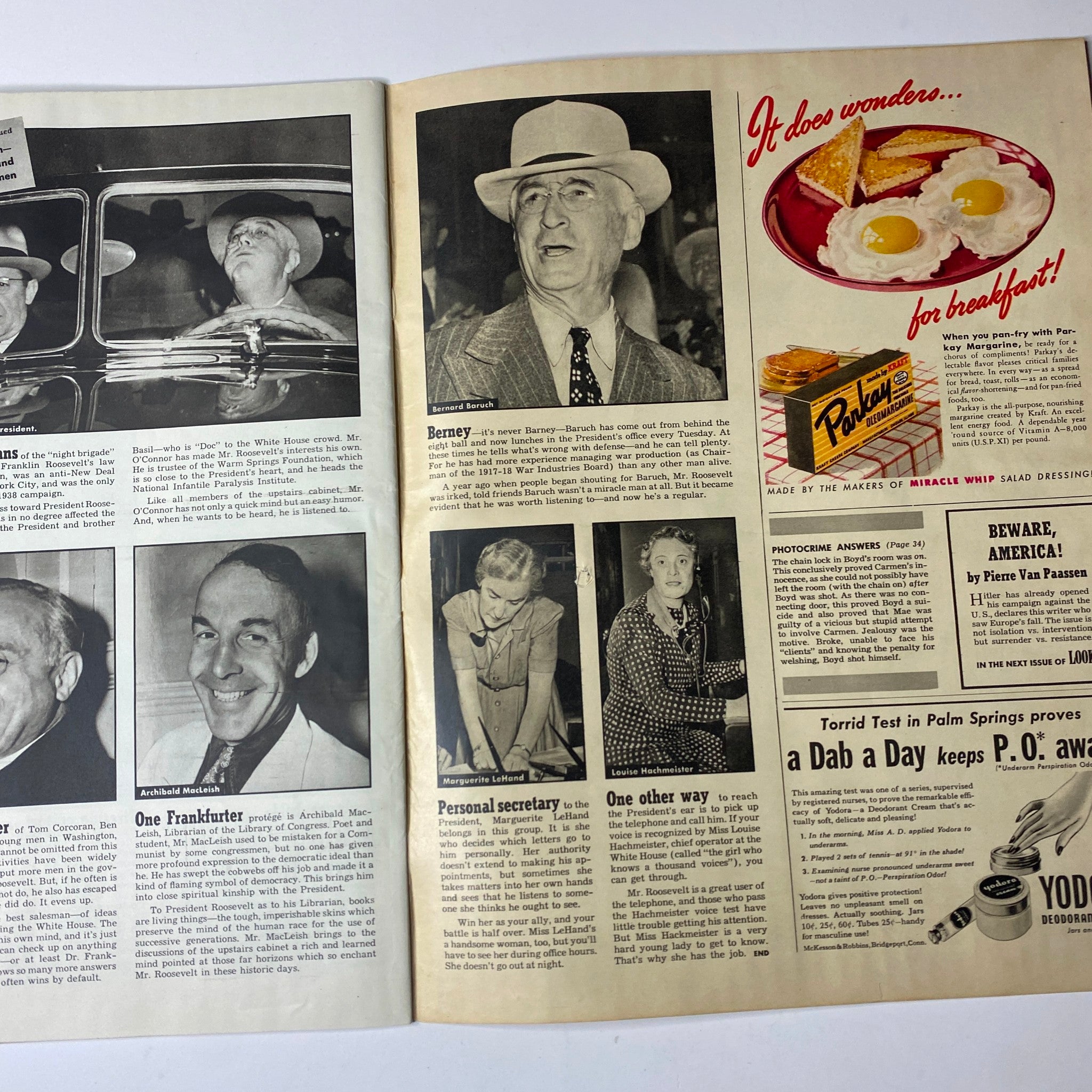 Pages from Look Magazine August 12, 1941, highlighting celebrity news and advertisements, including product placements.