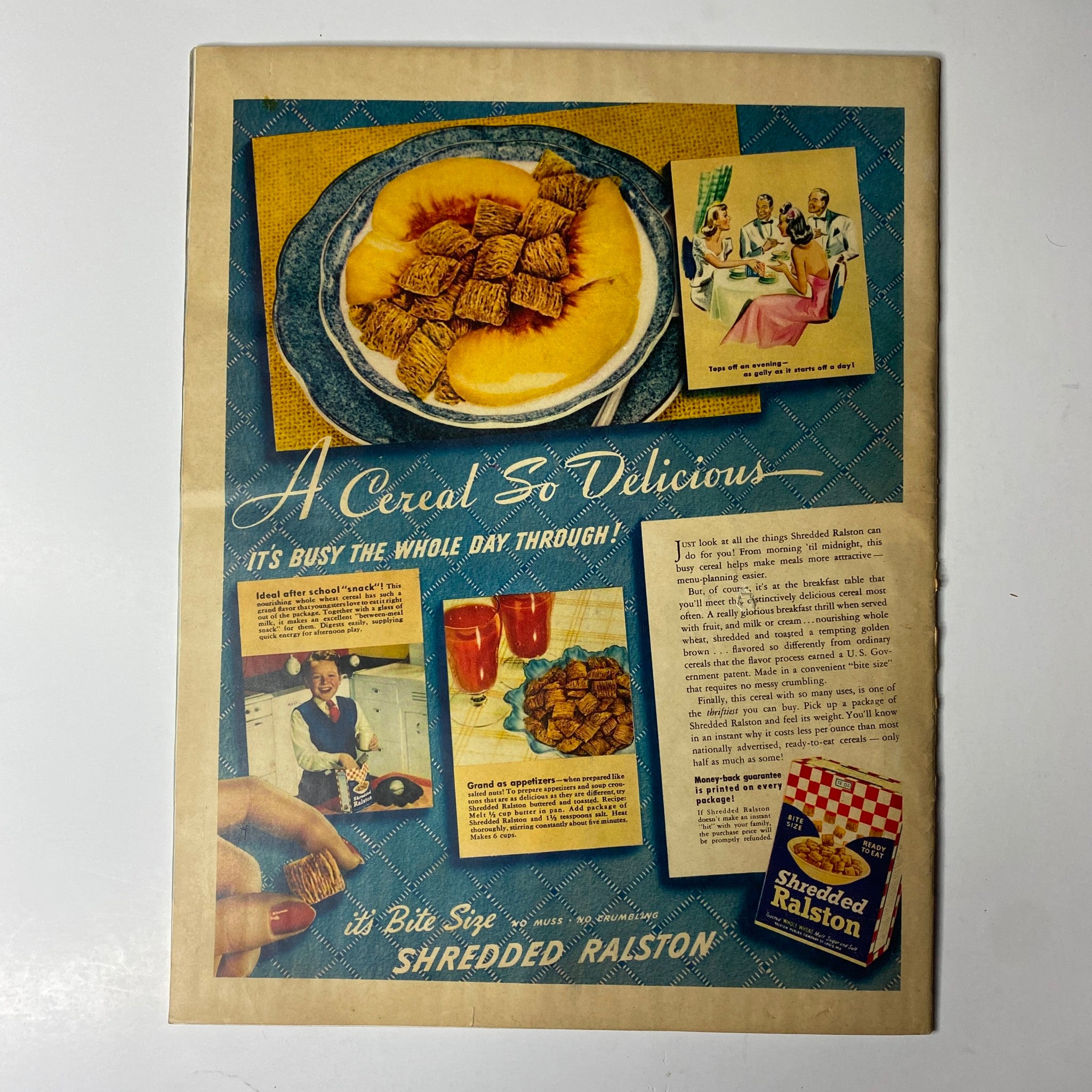 Vintage advertisement for Shredded Ralston cereal featured in Look Magazine August 12, 1941, showcasing a visually appealing breakfast setting.