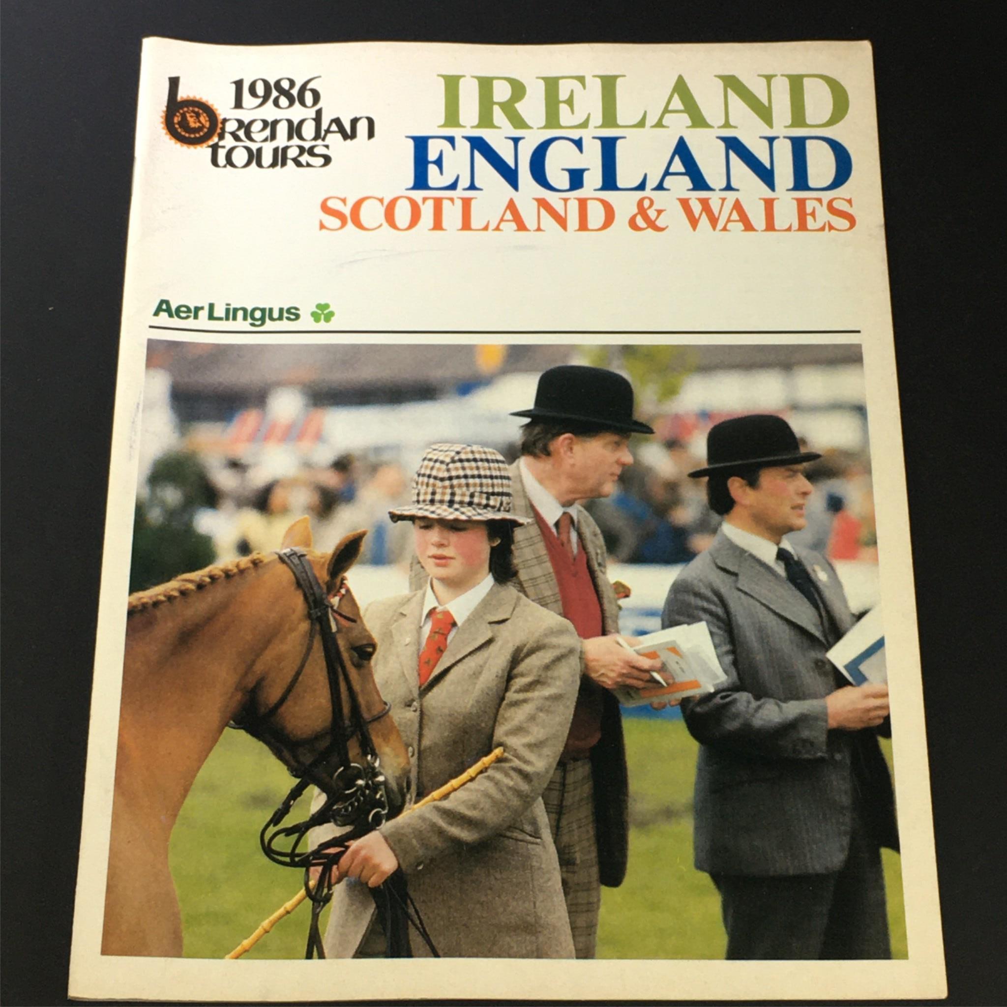 Vintage 1986 Brendan Tours magazine cover featuring promotional travel content for Ireland, England, Scotland, and Wales, alongside a photo of a horse show with attendees in formal attire.