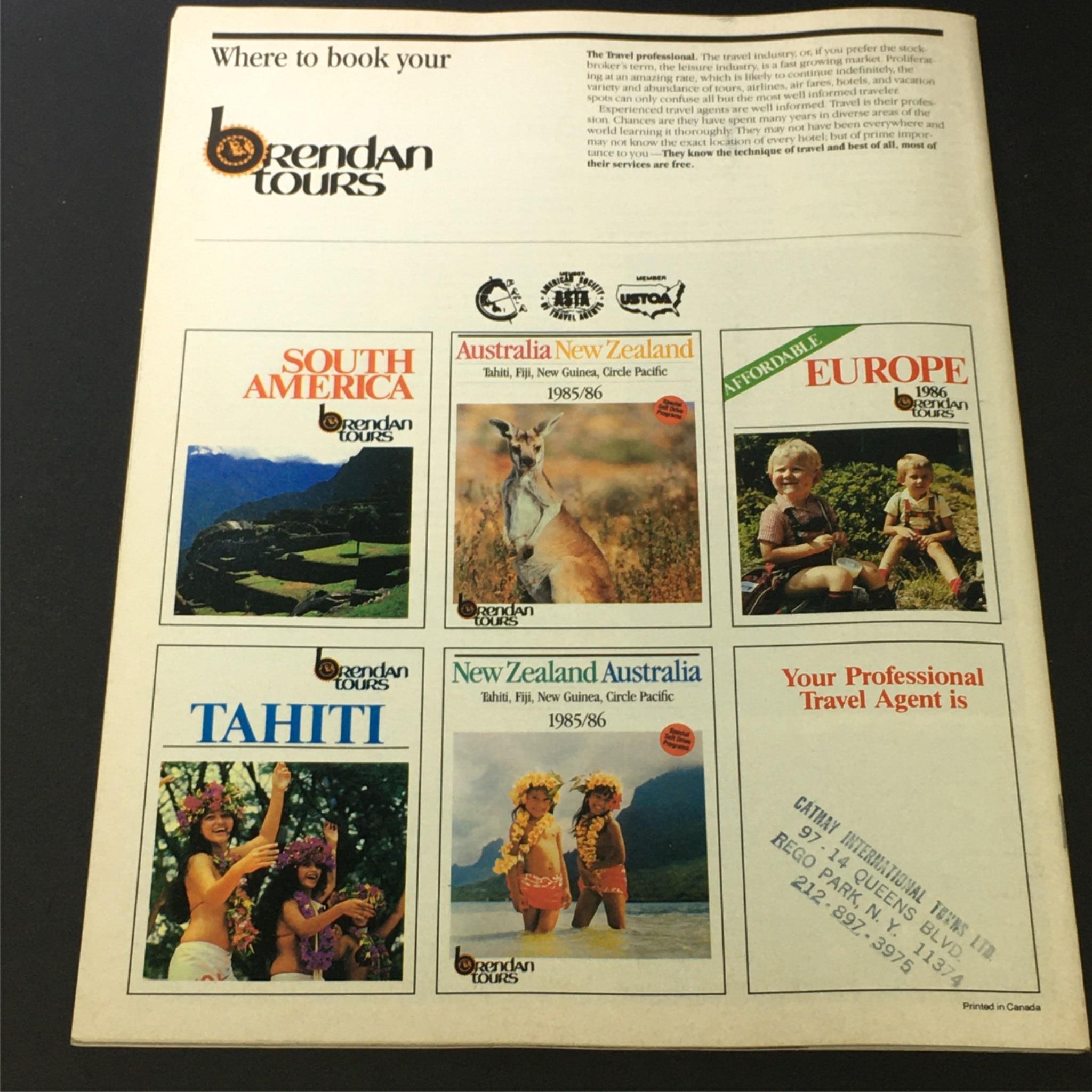 Back cover of the 1986 Brendan Tours magazine showcasing various travel destinations including South America, Australia, New Zealand, and Europe with vibrant images and information.
