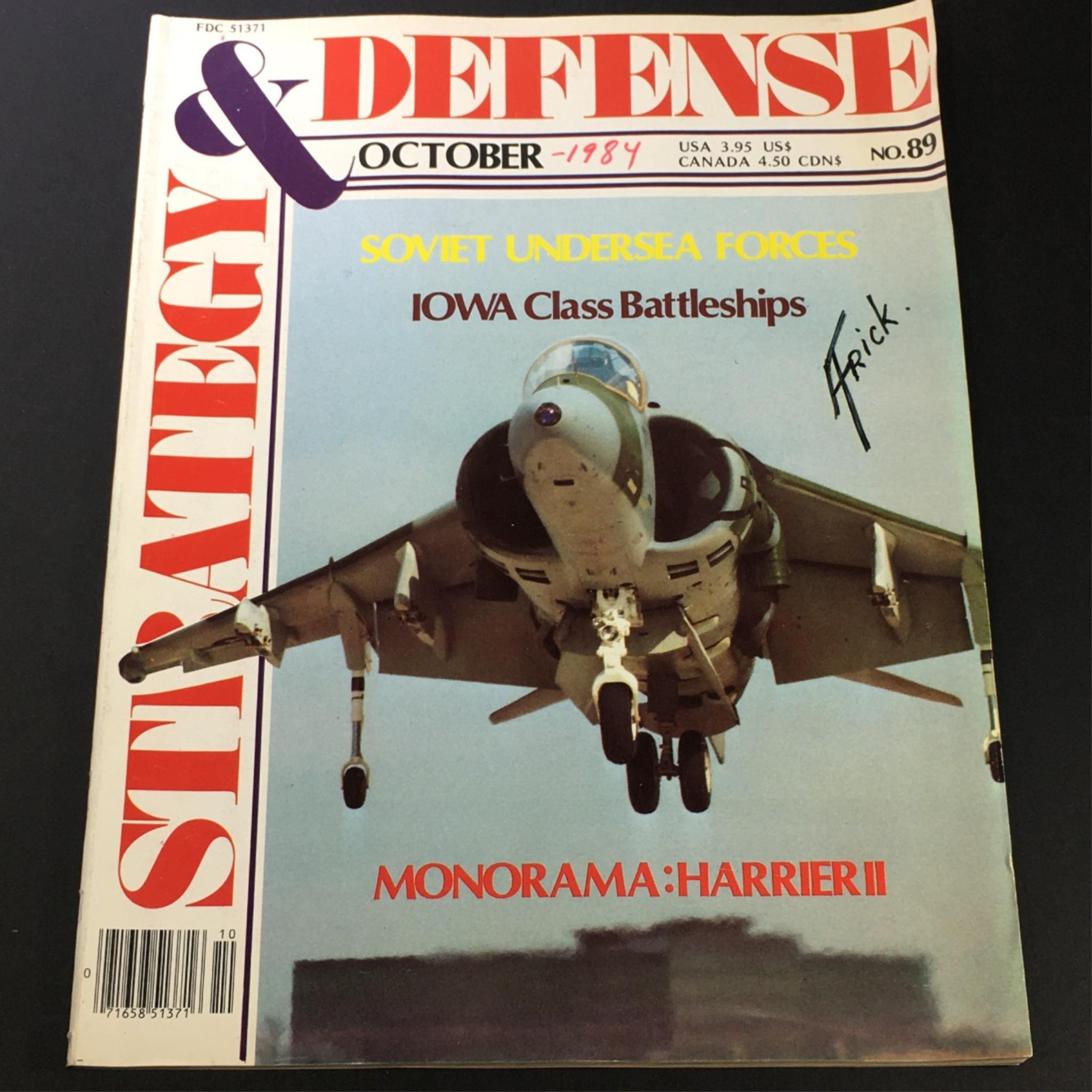 Cover of VTG Strategy & Defense Magazine October 1984 featuring Monorama Harrier II Battleship, showcasing military aircraft with details on Soviet undersea forces and Iowa class battleships.
