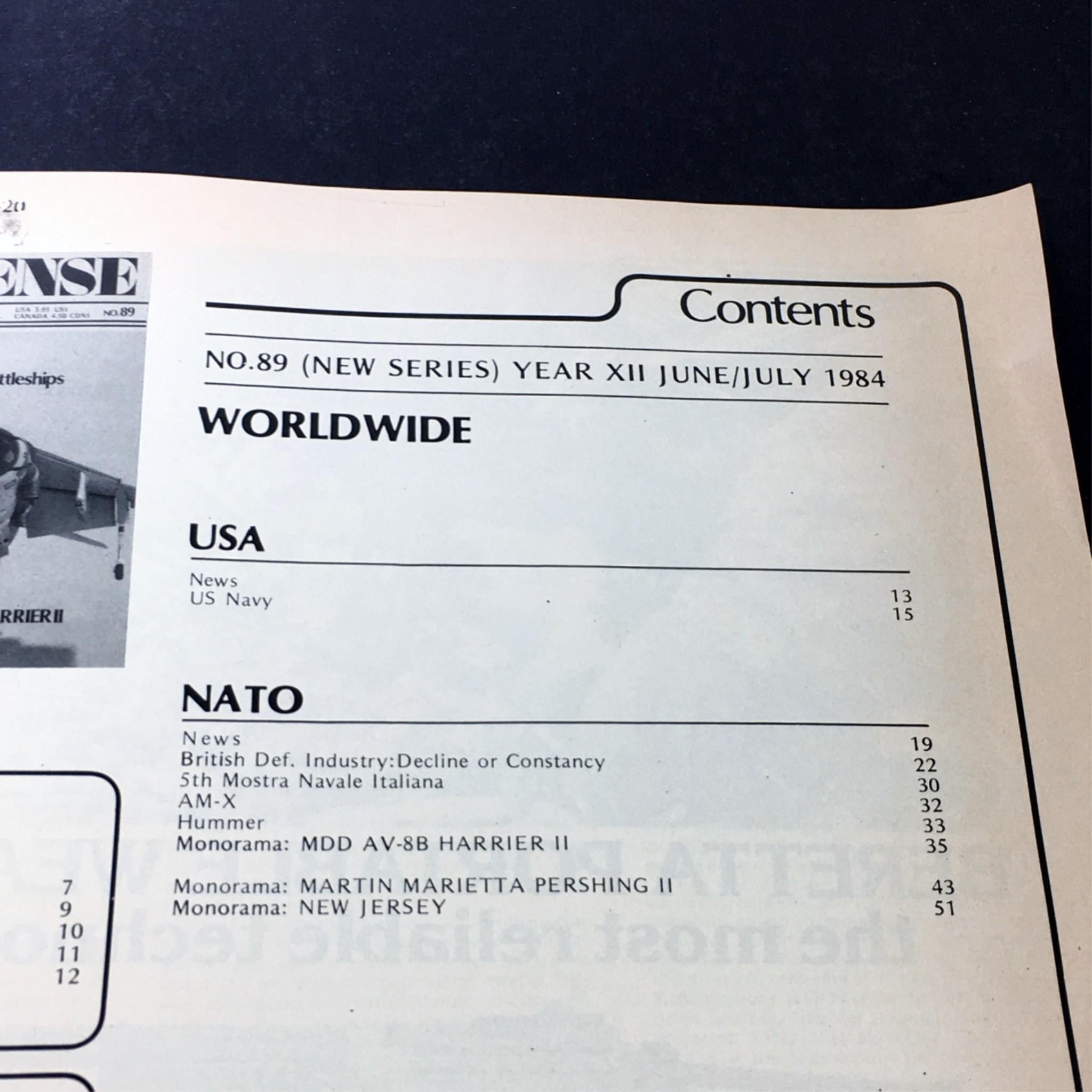 Content page of VTG Strategy & Defense Magazine October 1984, listing articles on military topics, including world news and features on Harrier II.