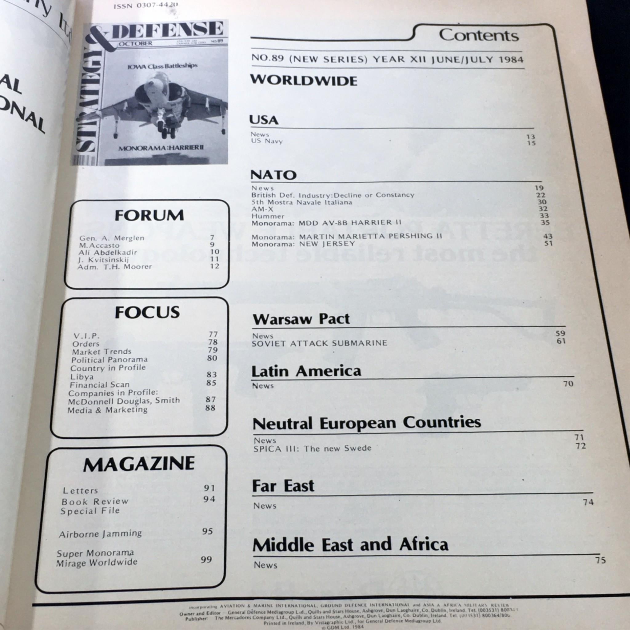 Another content page from VTG Strategy & Defense Magazine October 1984, featuring sections on NATO and global military news.