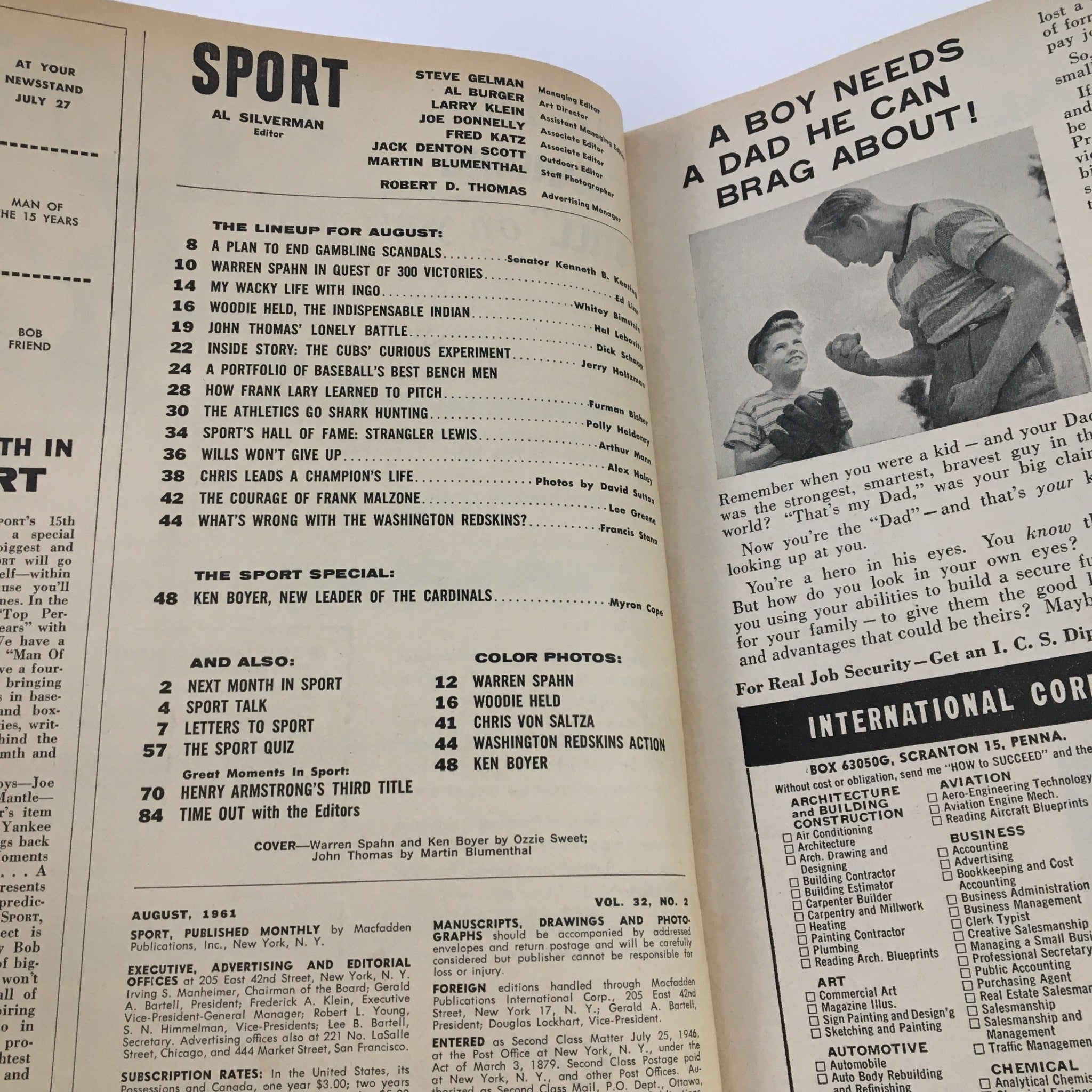 Sport Magazine August 1961 Warren Spahn, Ken Boyer & John Thomas, No Label