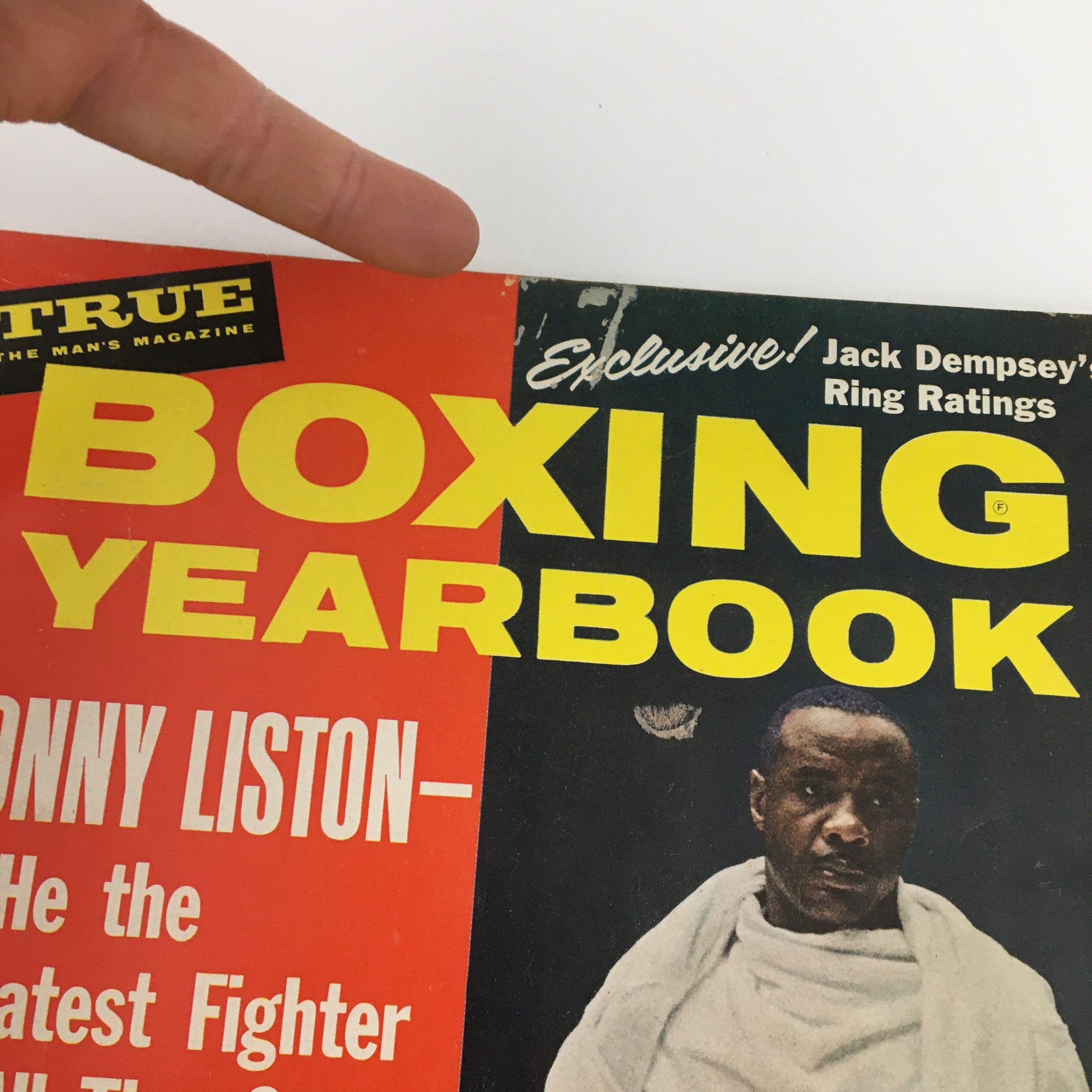 Close-up view of the True Magazine 1964 Boxing Yearbook cover, showcasing the bold title and emphasis on Sonny Liston, along with exciting boxing stories from that era.