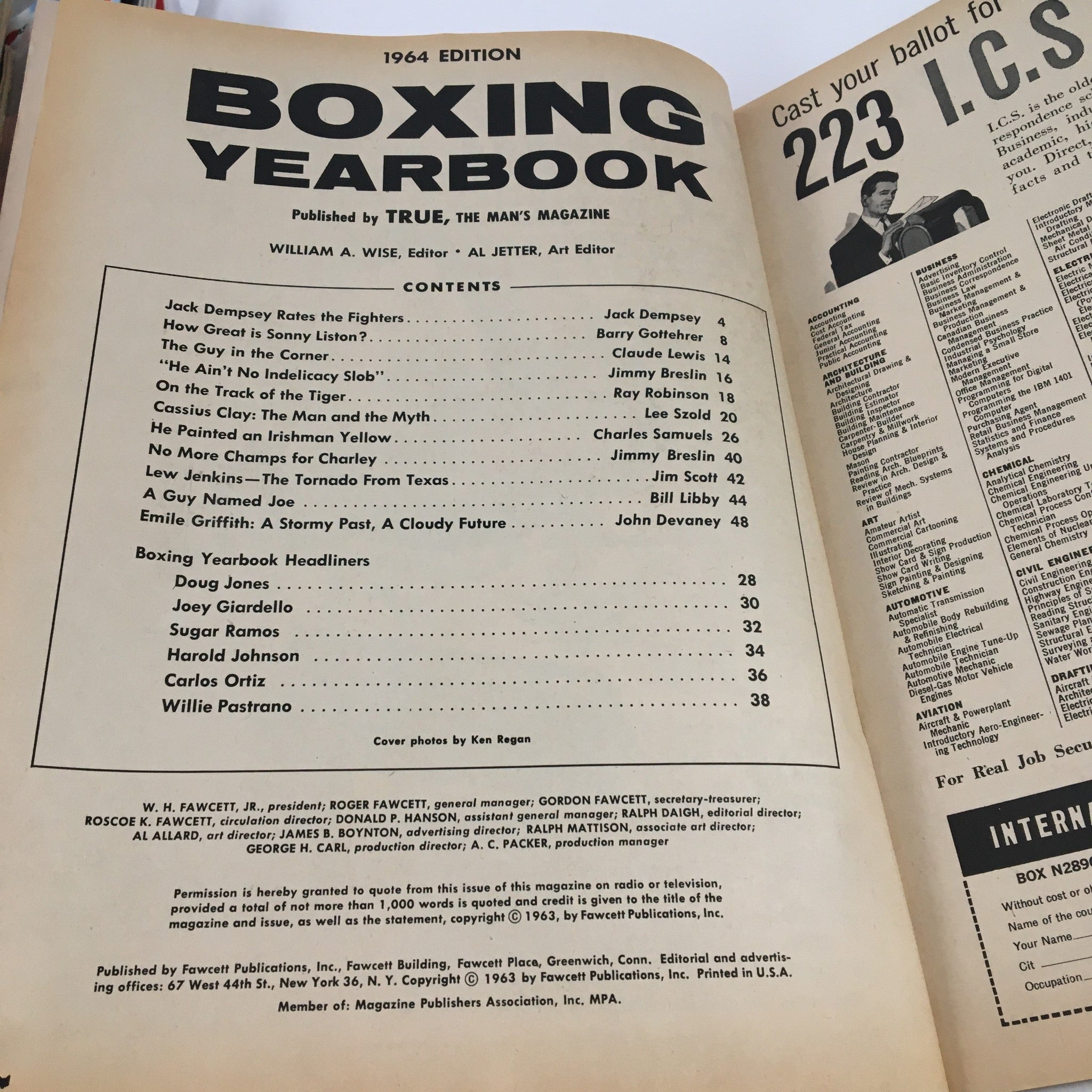 Interior page from the True Magazine 1964 Boxing Yearbook featuring contents and notable articles, highlighting the rivalry between Sonny Liston and Floyd Patterson.