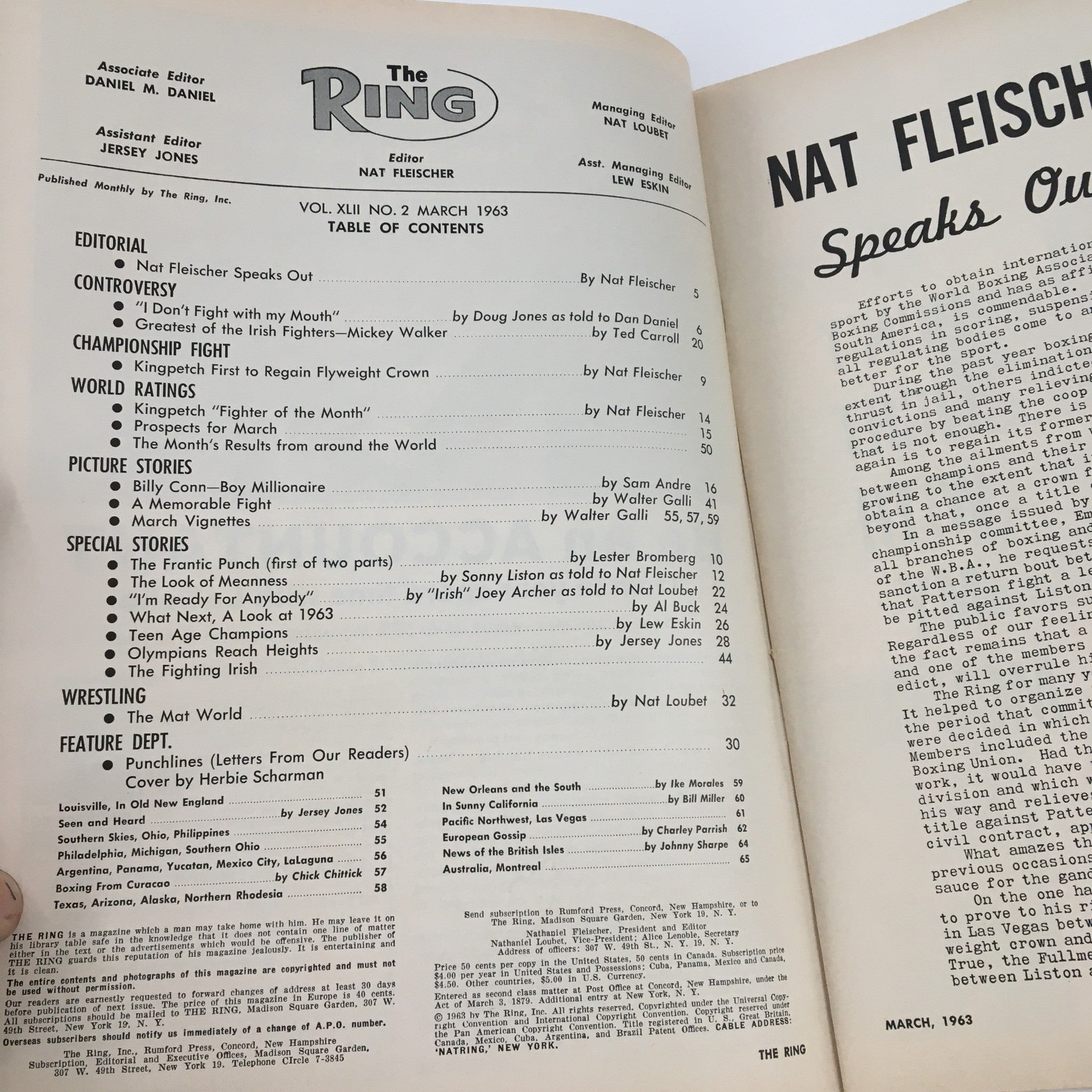 Inside page of The Ring Boxing Magazine March 1963 displaying the table of contents, highlighting articles on boxing legends and events from that era.
