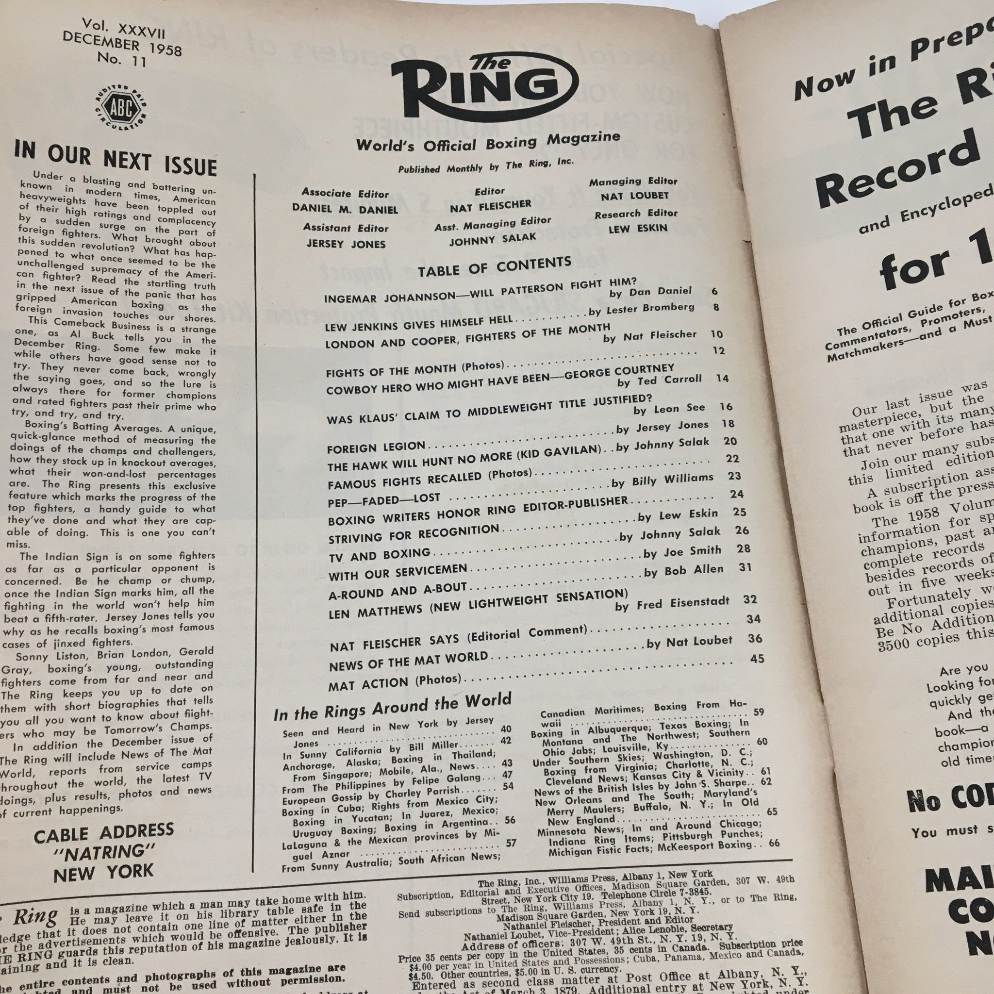 The Ring Boxing Magazine December 1958 Lew Jenkins & Ingemar Johansson, No Label