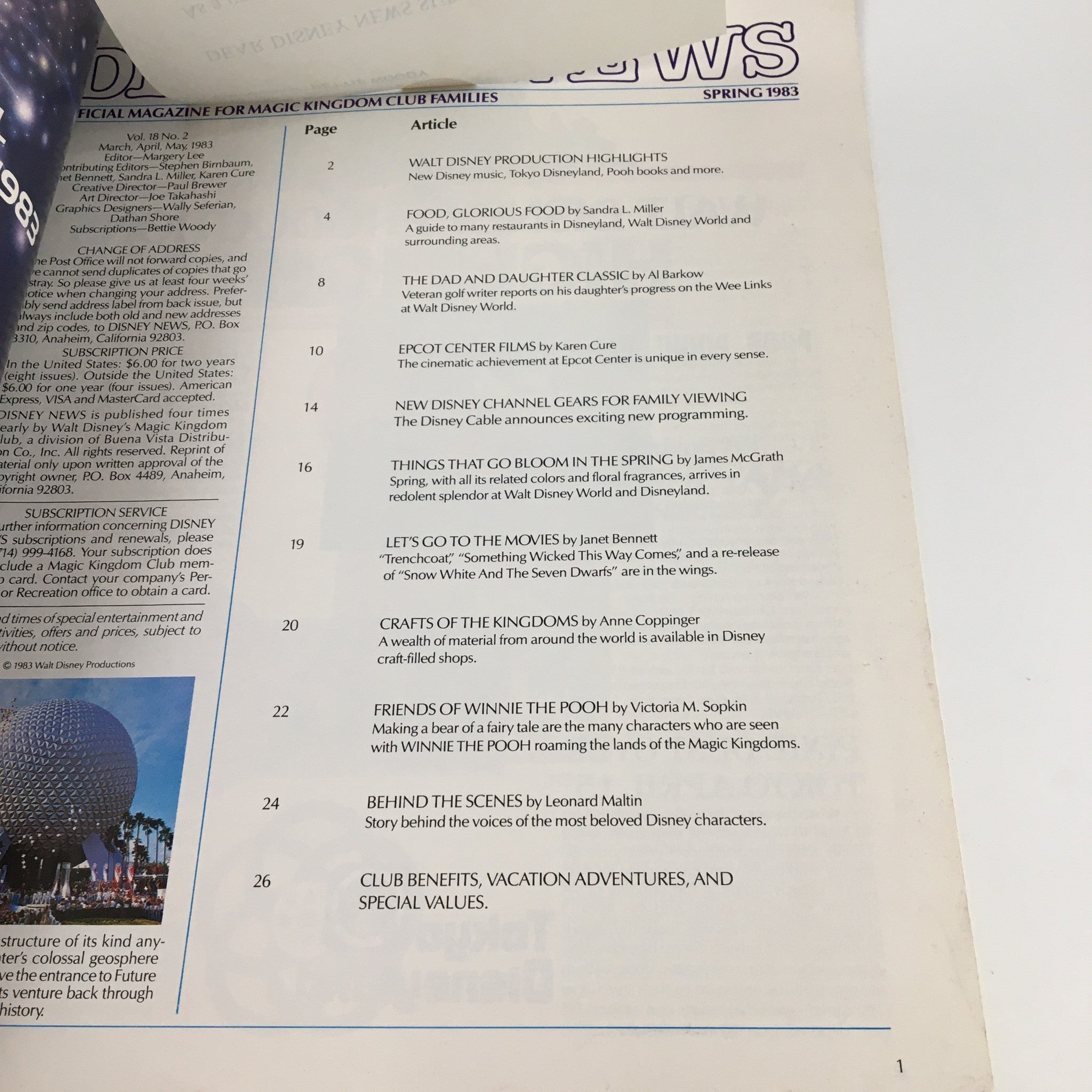 Table of contents from Disney News Magazine Spring 1984, listing articles including 'Things That Go Bloom In The Spring' and other featured topics relevant to Disney fans.