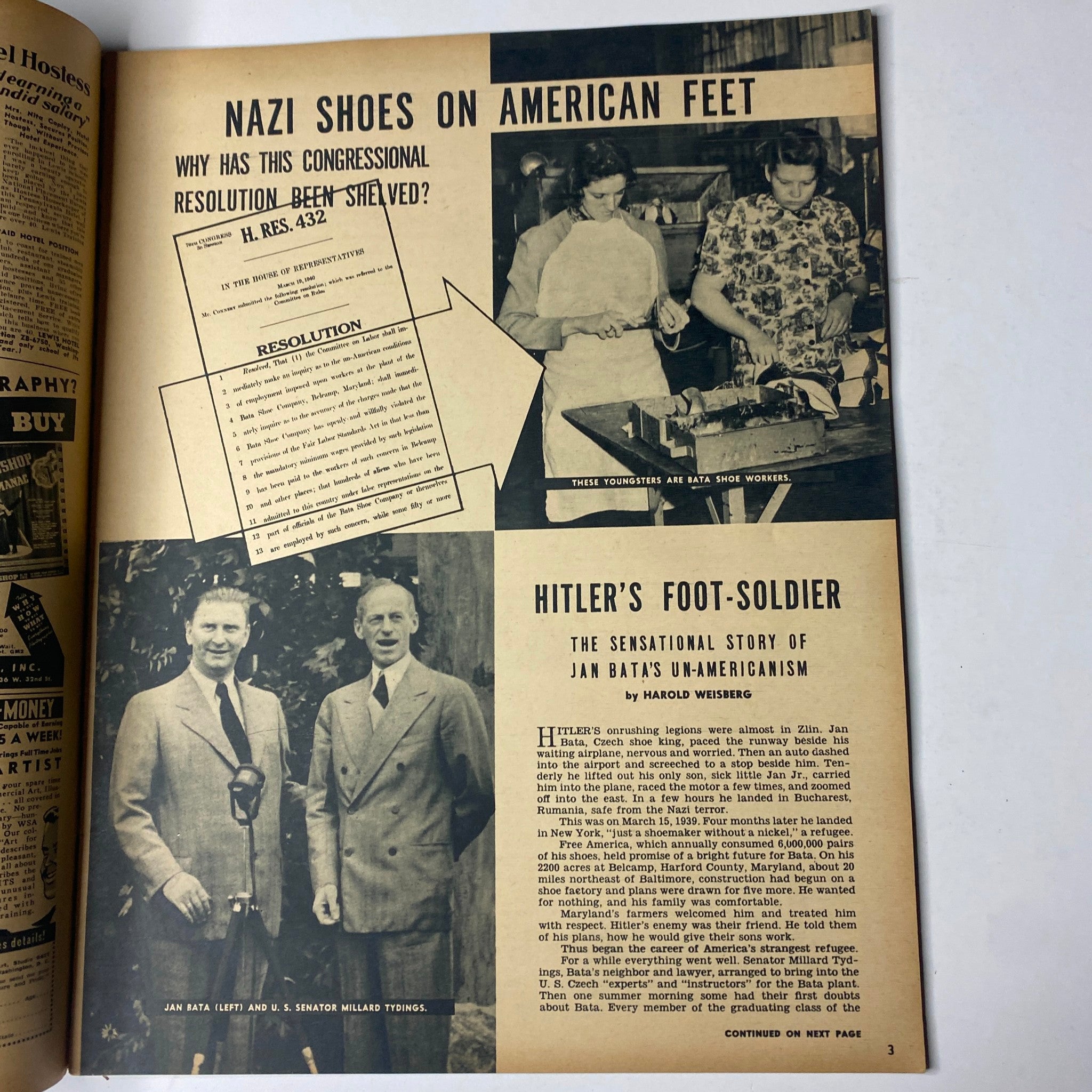 Page from Click Magazine February 1941, Volume 4, Number 2, titled 'Nazi Shoes on American Feet,' featuring a discussion on Congressional resolutions and American responses during World War II, illustrated with photographs and text.