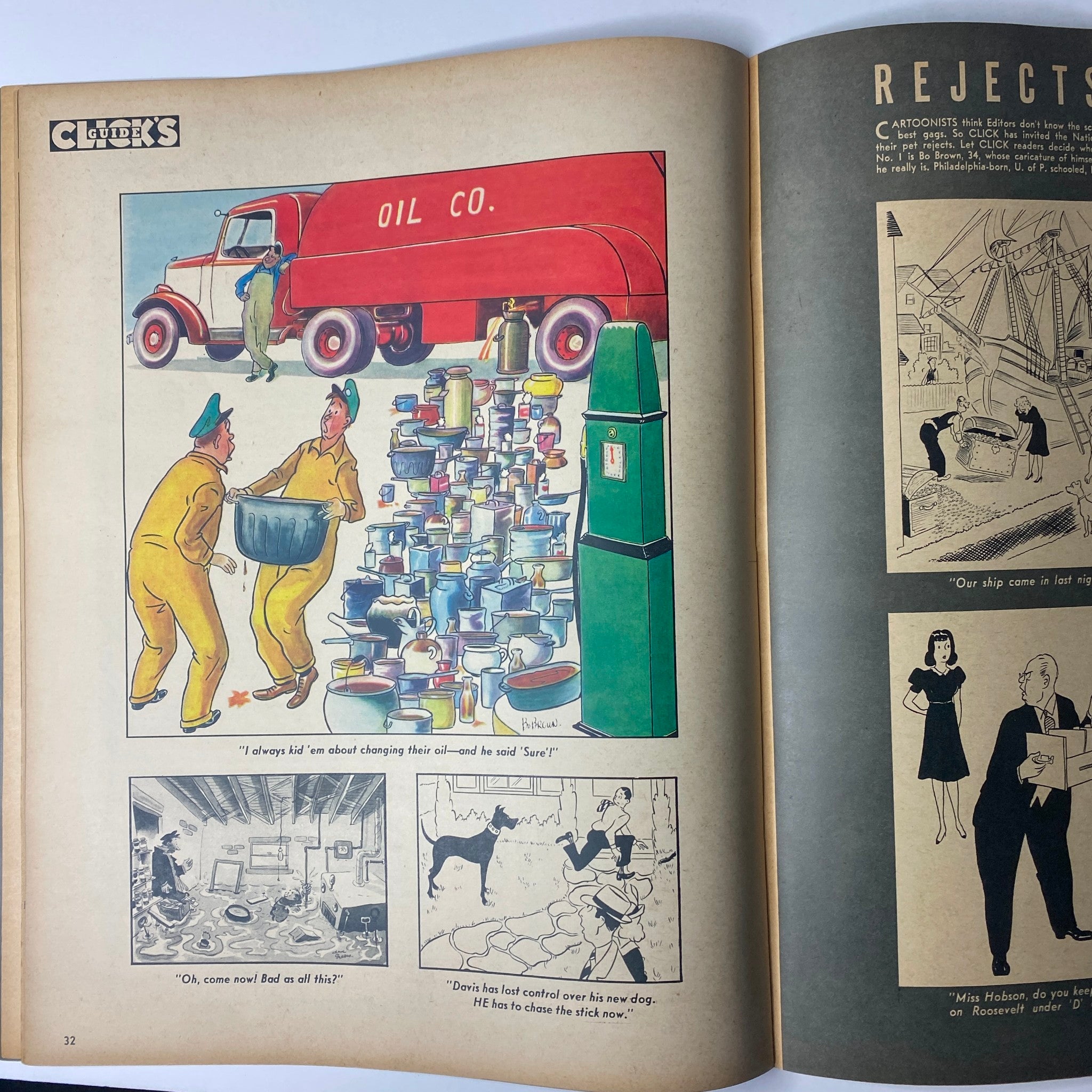 Page from Click Magazine February 1941, Volume 4, Number 2, depicting a humorous cartoon involving two workers and a vintage oil truck, showcasing the magazine's blend of entertainment and social commentary.