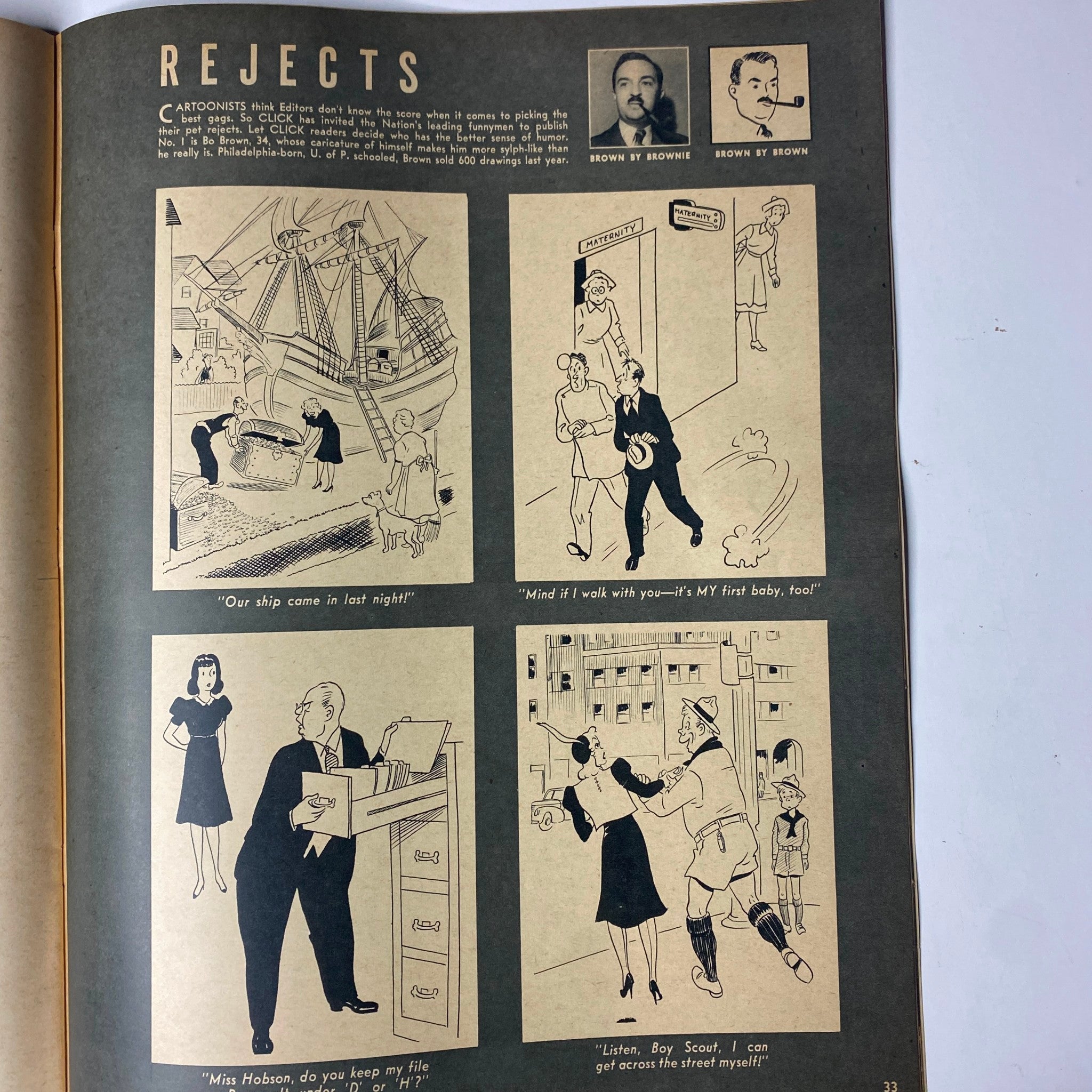 Click Magazine February 1941 Vol 4 No. 2 illustrating cartoon rejects, featuring humorous illustrations including a ship, a business man, and characters depicting various social situations.