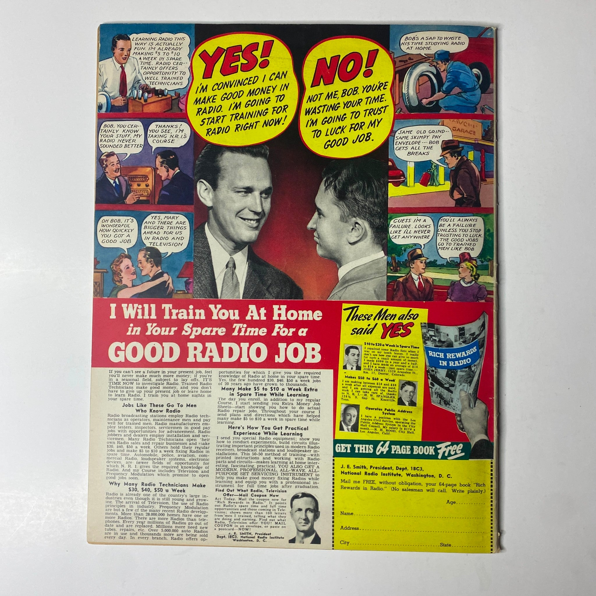 Click Magazine February 1941 Vol 4 No. 2 advertisement for radio job training, showcasing two men discussing opportunities with illustrated dialogue bubbles.