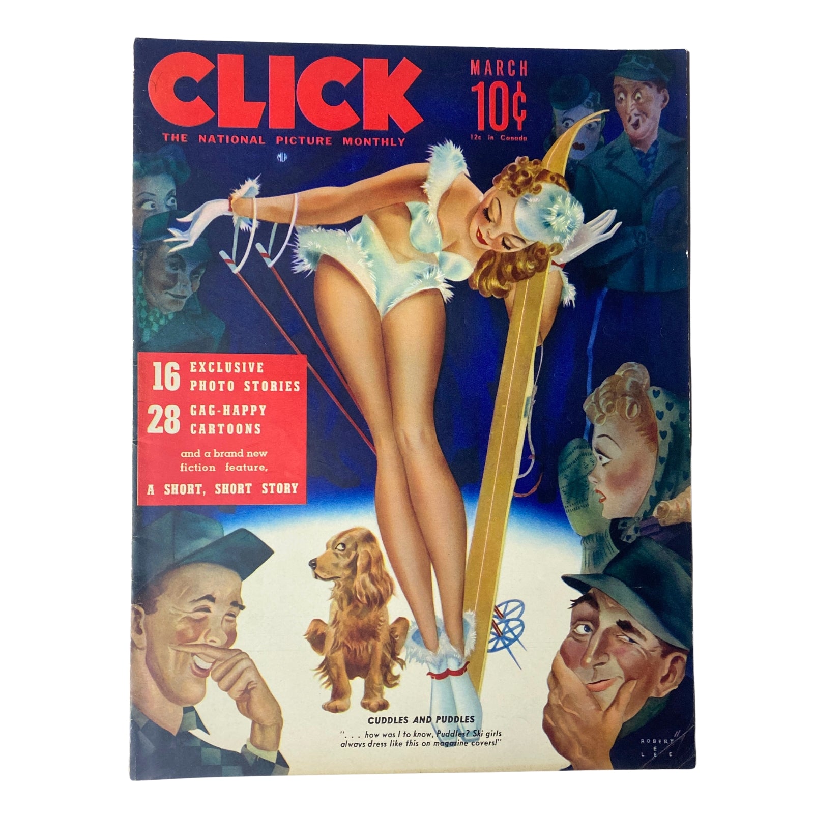 Cover of Click Magazine, March 1941, Volume 4, No. 3, titled 'A Model is Born', featuring a styled model in a glamorous outfit, showcasing 16 exclusive photo stories and vibrant illustrations.