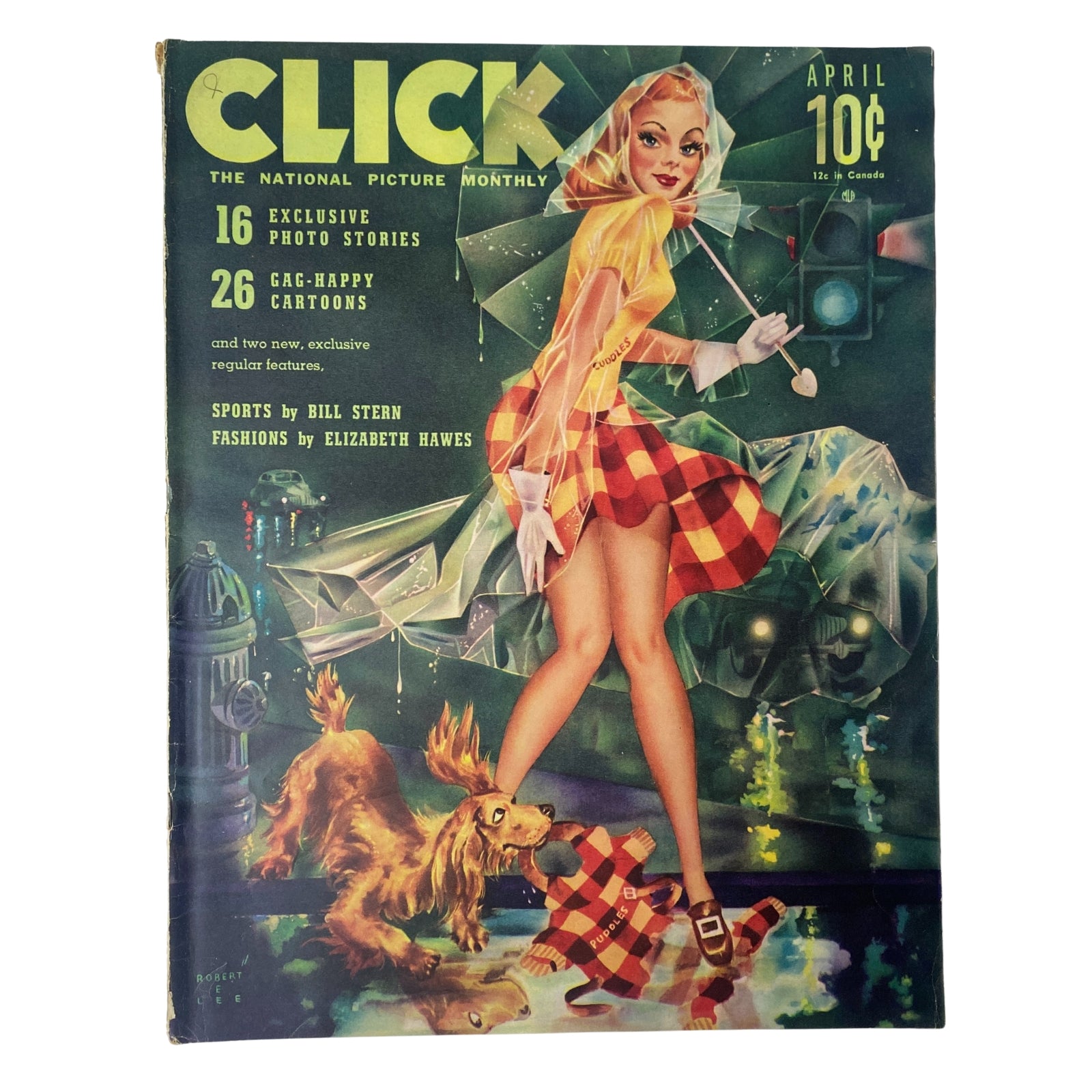 Cover of Click Magazine April 1941 Vol. 4, No. 4 featuring a glamorous illustration of a woman in a checkered outfit, embodying the theme 'Girls on Parade' alongside vibrant colors indicative of vintage American pop culture.