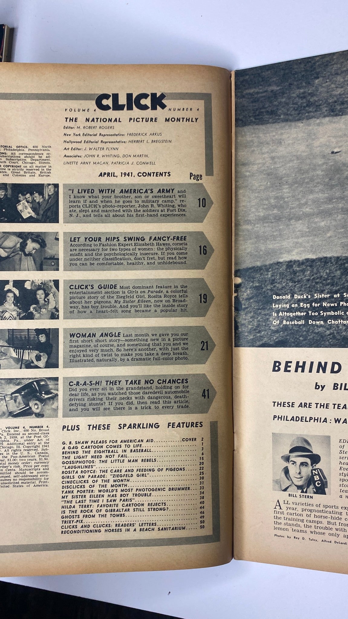 Table of contents page from Click Magazine April 1941 Vol. 4, No. 4, showcasing featured articles including 'I Lived With America's Army' and 'C-R-A-S-H! They Take No Chances', reflecting mid-century Americana and entertainment journalism.