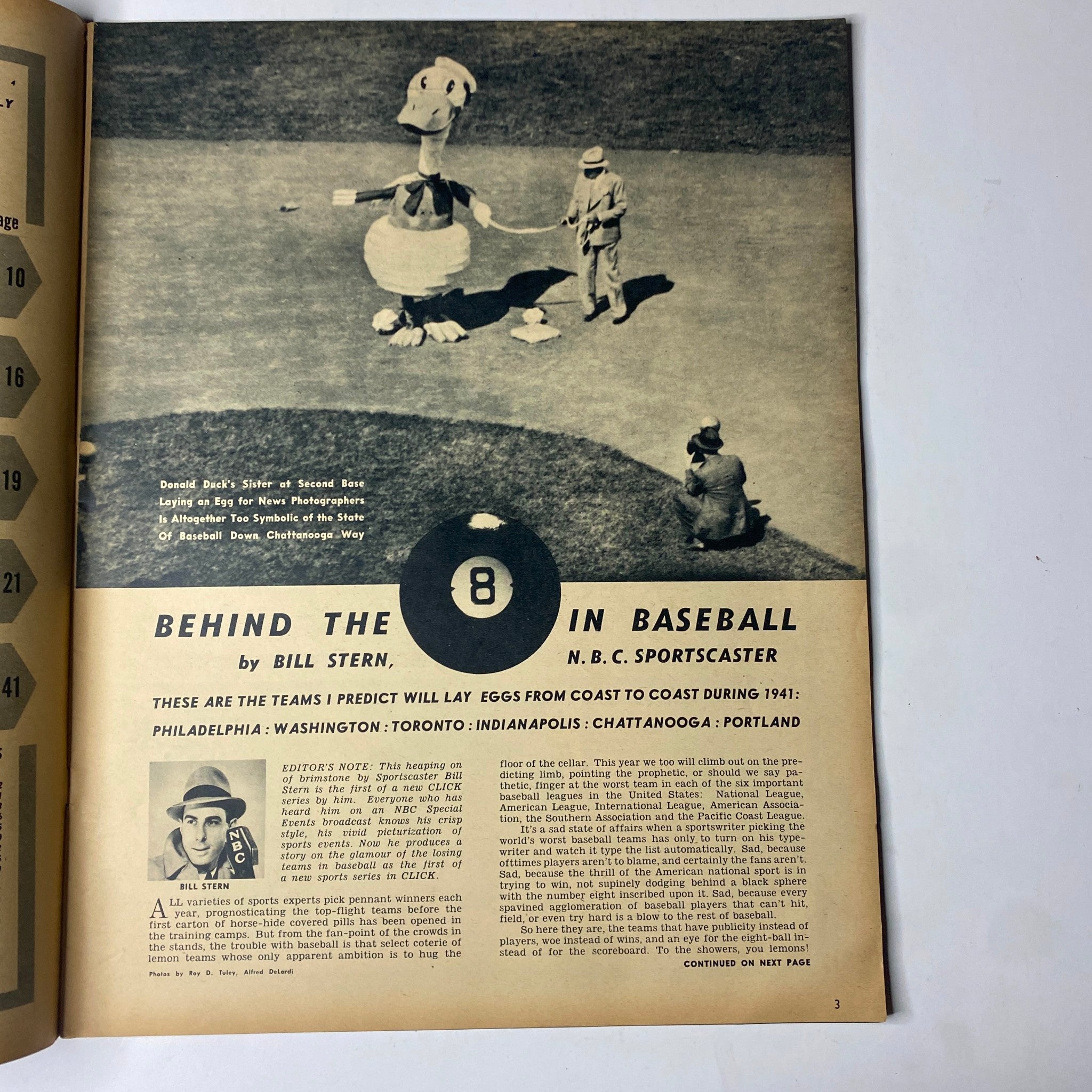 Article page titled 'Behind the 8 in Baseball' from Click Magazine April 1941 Vol. 4, No. 4, illustrating a sports-themed cartoon with commentary on baseball and predictions for the 1941 season.