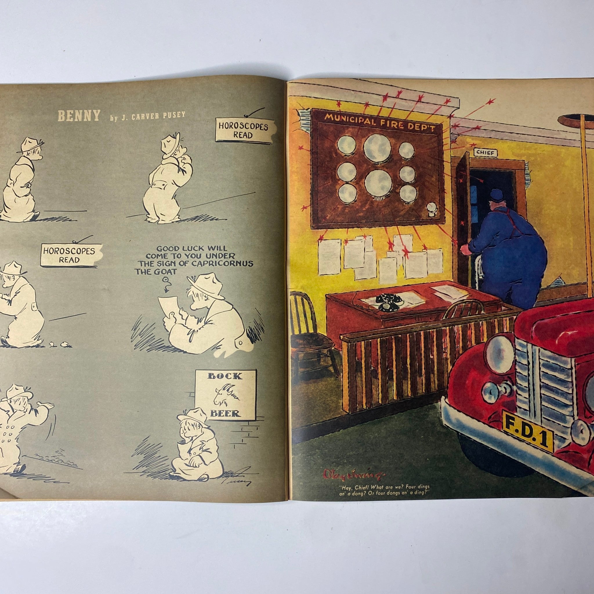 Cartoon page from Click Magazine April 1941 Vol. 4, No. 4 featuring humorous illustrations by J. Carver Pusey, depicting playful scenarios related to municipal life and readings of horoscopes.