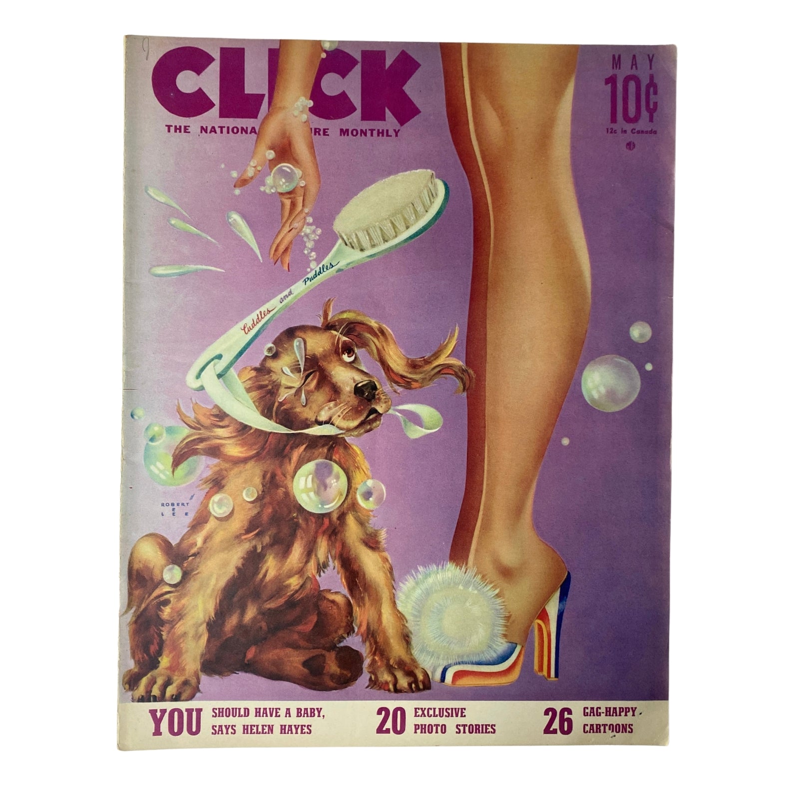 Cover of Click Magazine May 1941, Vol. 4, No. 5 featuring a playful dog surrounded by bubbles and a woman's leg in high-heeled shoes. A highlight of the issue includes a feature on Marlene Dietrich.