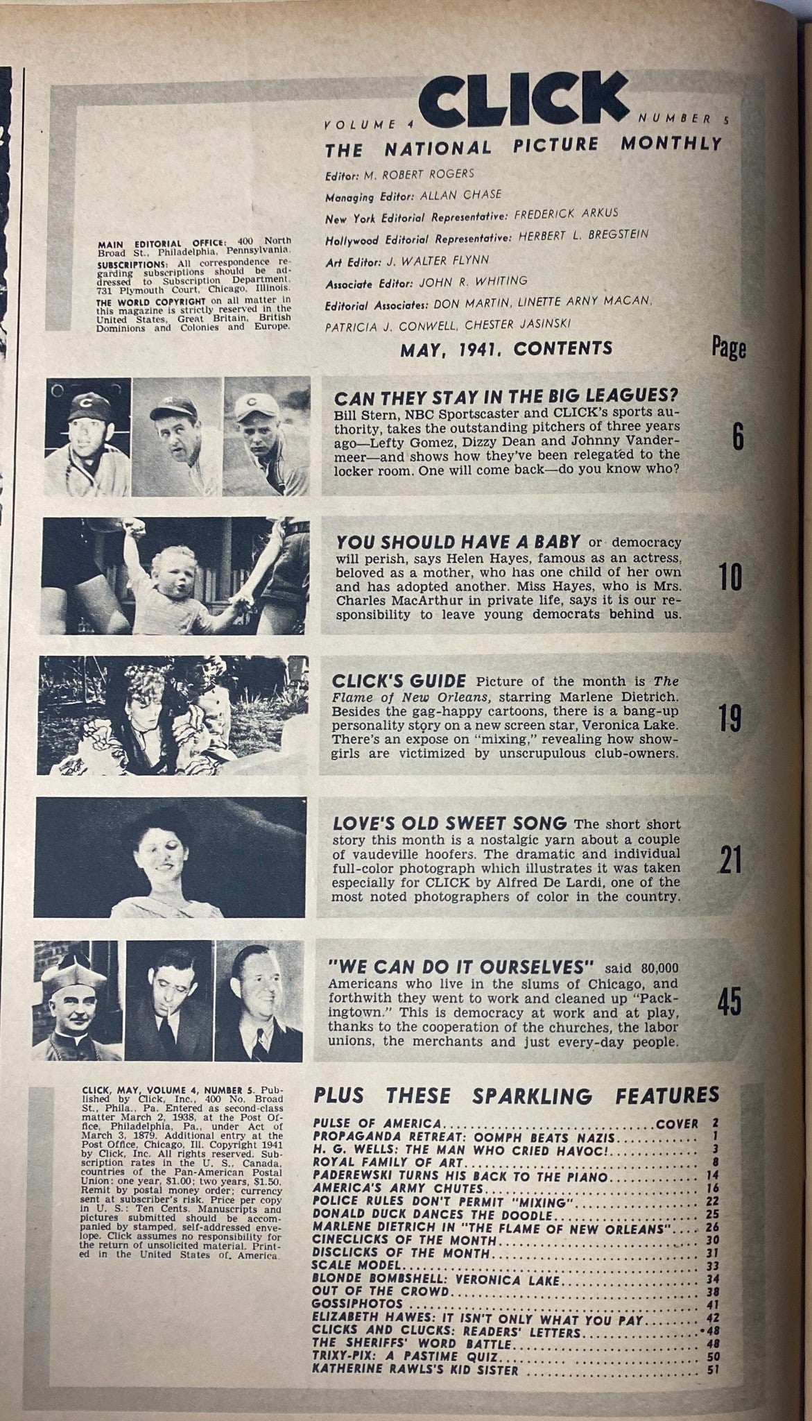 Table of contents from Click Magazine May 1941, Vol. 4, No. 5. Lists feature articles including 'Can They Stay in the Big Leagues?' and 'We Can Do It Ourselves'.