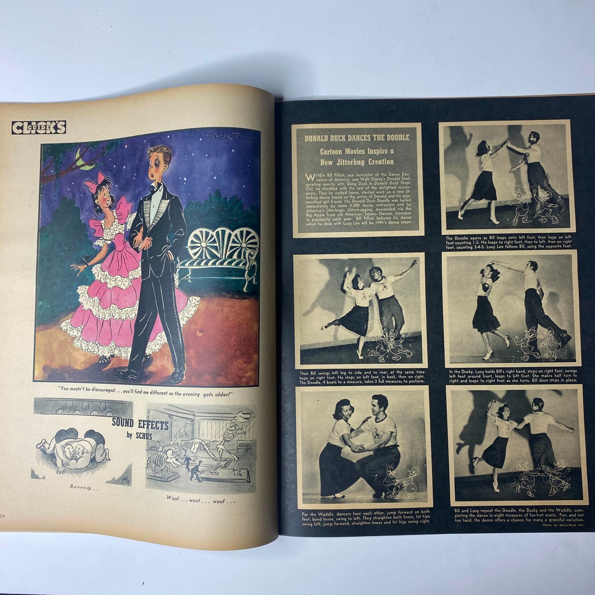 Interior pages of Click Magazine May 1941, Vol. 4, No. 5 showcasing illustrations and various photo stories, including 'Donald Duck Dances the Doodle'.