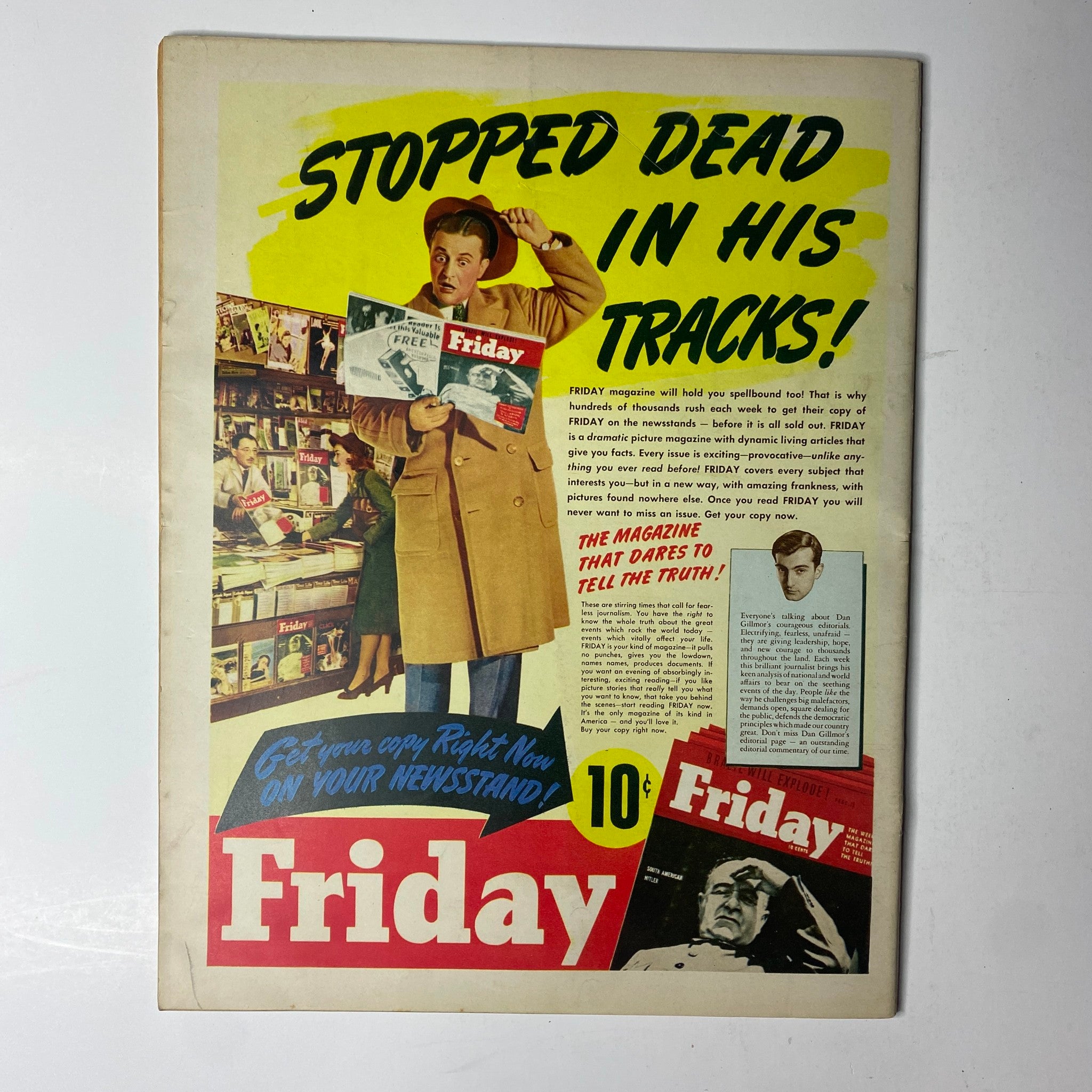 Advertisement for Friday magazine alongside an image of a man holding magazines. Highlighted text states 'Stopped Dead in His Tracks!'. Featured in Click Magazine May 1941, Vol. 4, No. 5.