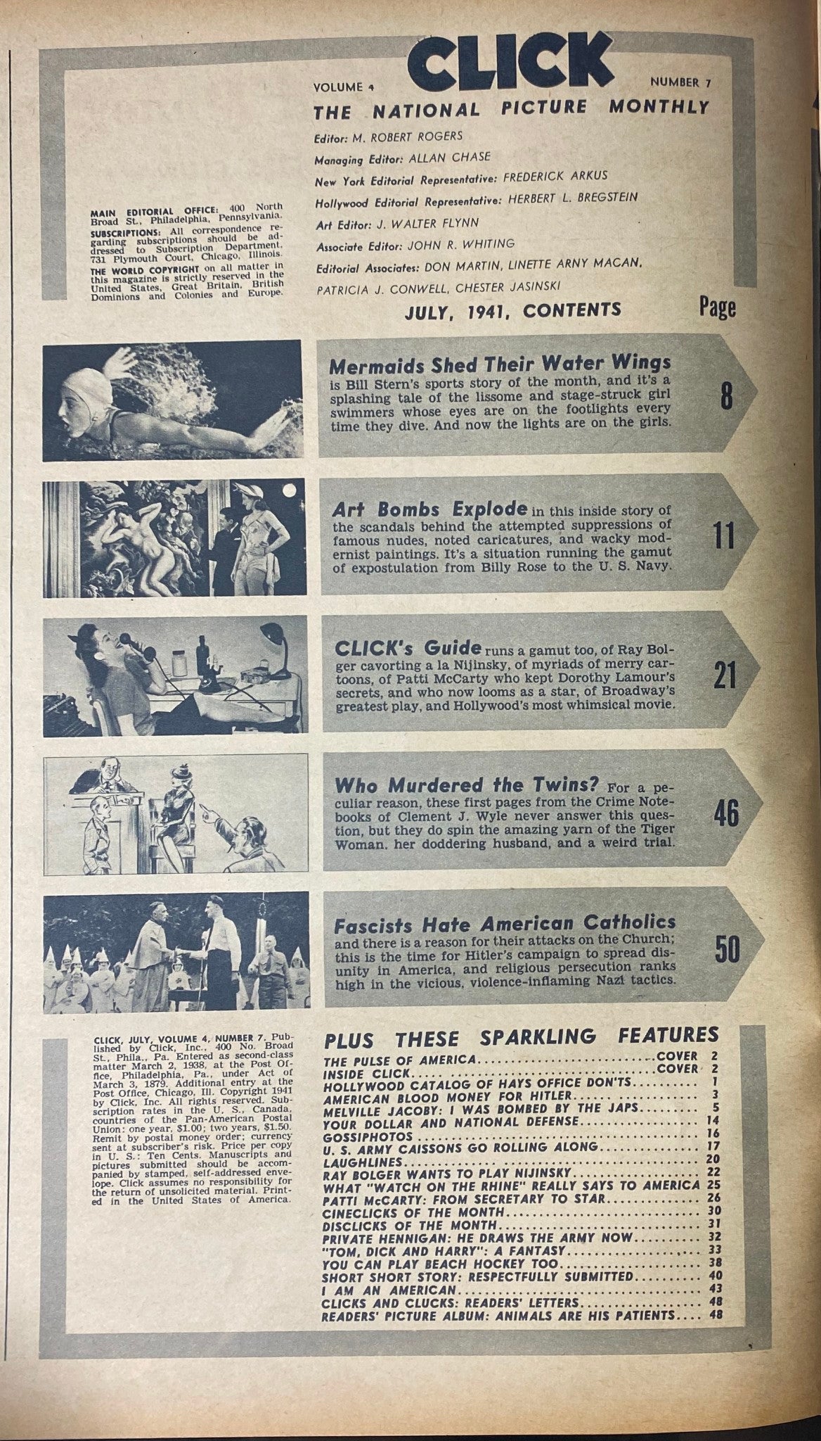 Interior page of Click Magazine July 1941, displaying article titles including 'Mermaids Shed Their Water Wings' and 'Fascists Hate American Catholics'; sheds light on cultural and political themes of the era. Title: Click Magazine July 1941 Vol. 4, No. 7 Fascists Hate American Catholics.