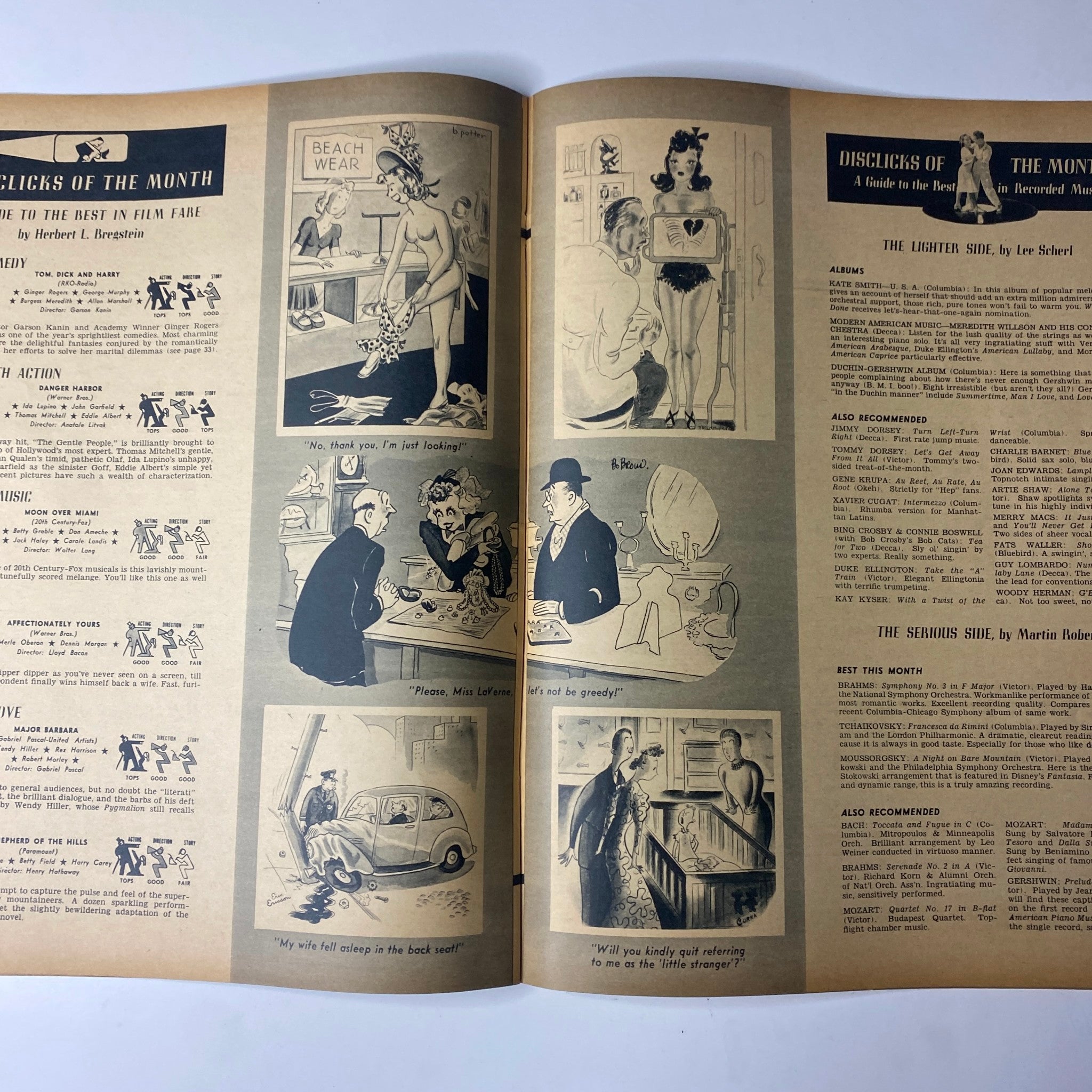 Double-page spread from Click Magazine July 1941 featuring humorous illustrations and advertising for film-related content; showcases the publication's entertainment focus during WWII. Title: Click Magazine July 1941 Vol. 4, No. 7 Fascists Hate American Catholics.